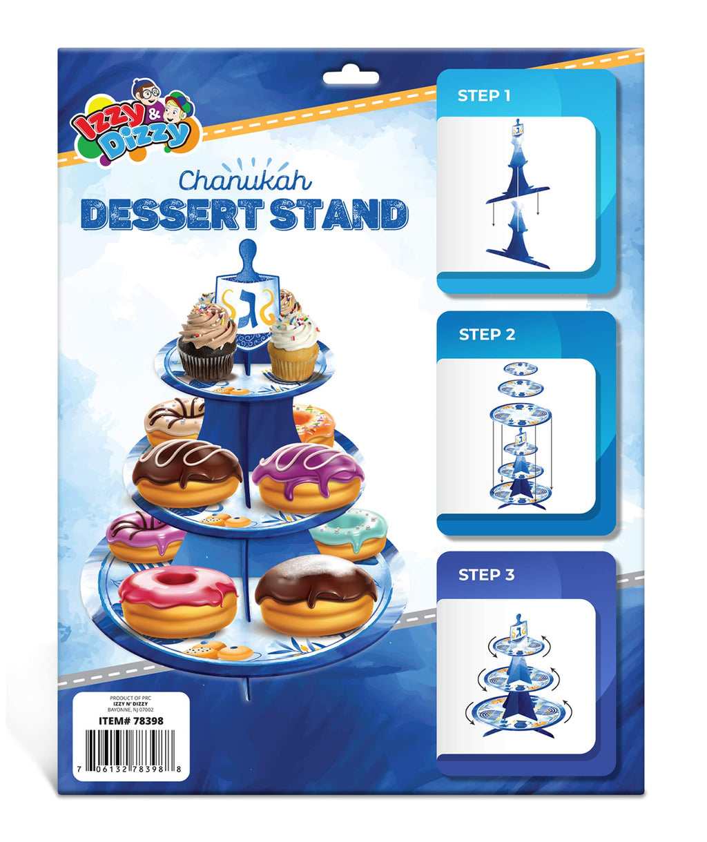 Izzy 'n' Dizzy Hanukkah Desssert Stand, Hanukkah Paper Goods, Blue and White Chanukah Themed Party Supplies - 3 Tier