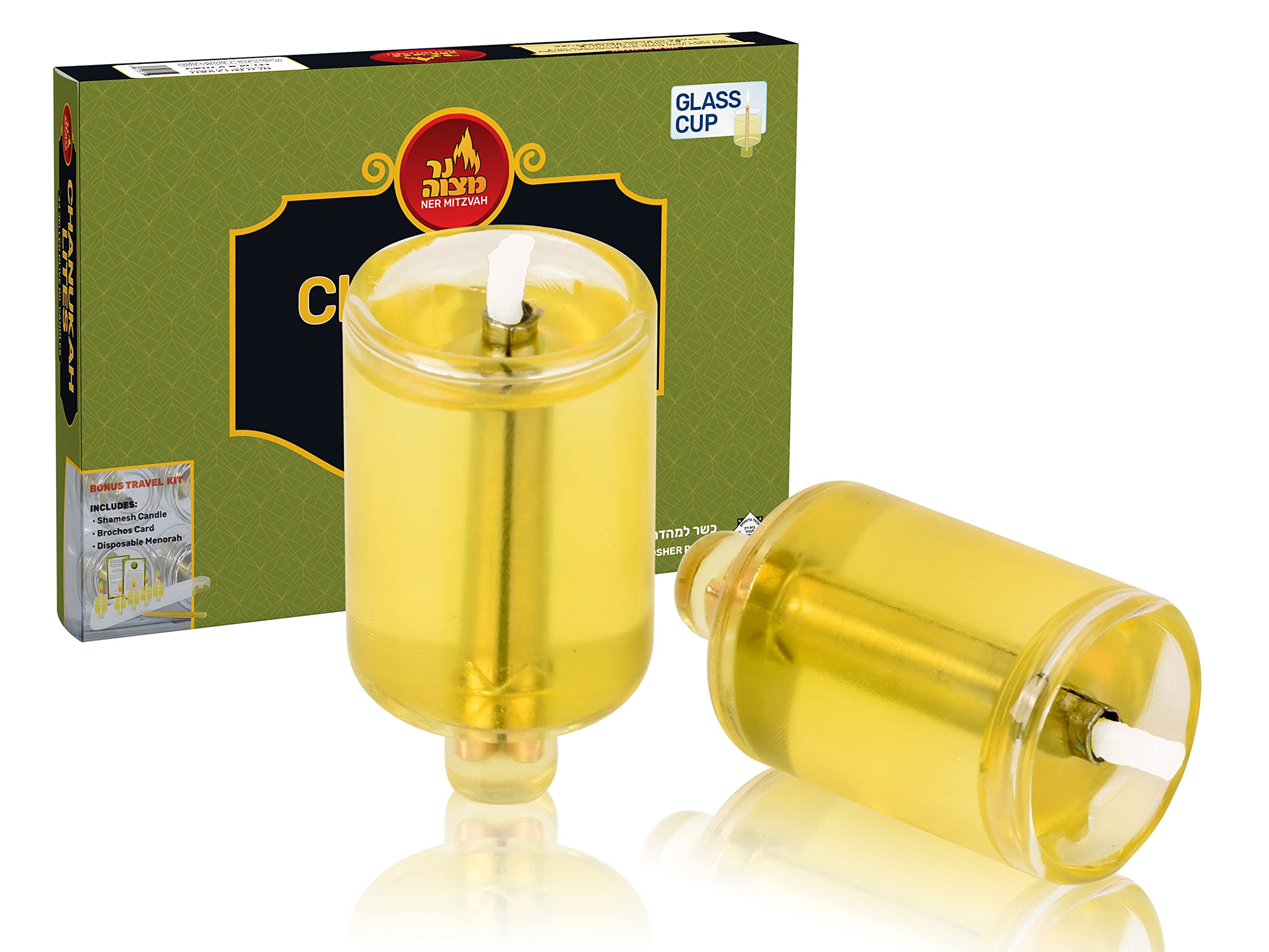 Ner Mitzvah Menorah Jelled Oil Cup Candles - Pre-Filled Hanukkah Chanukah Lights - Olive Oil with Cotton Wick in Glass Cup - Large Size, 44 per Pack, Burns Approx. 2.5 Hours