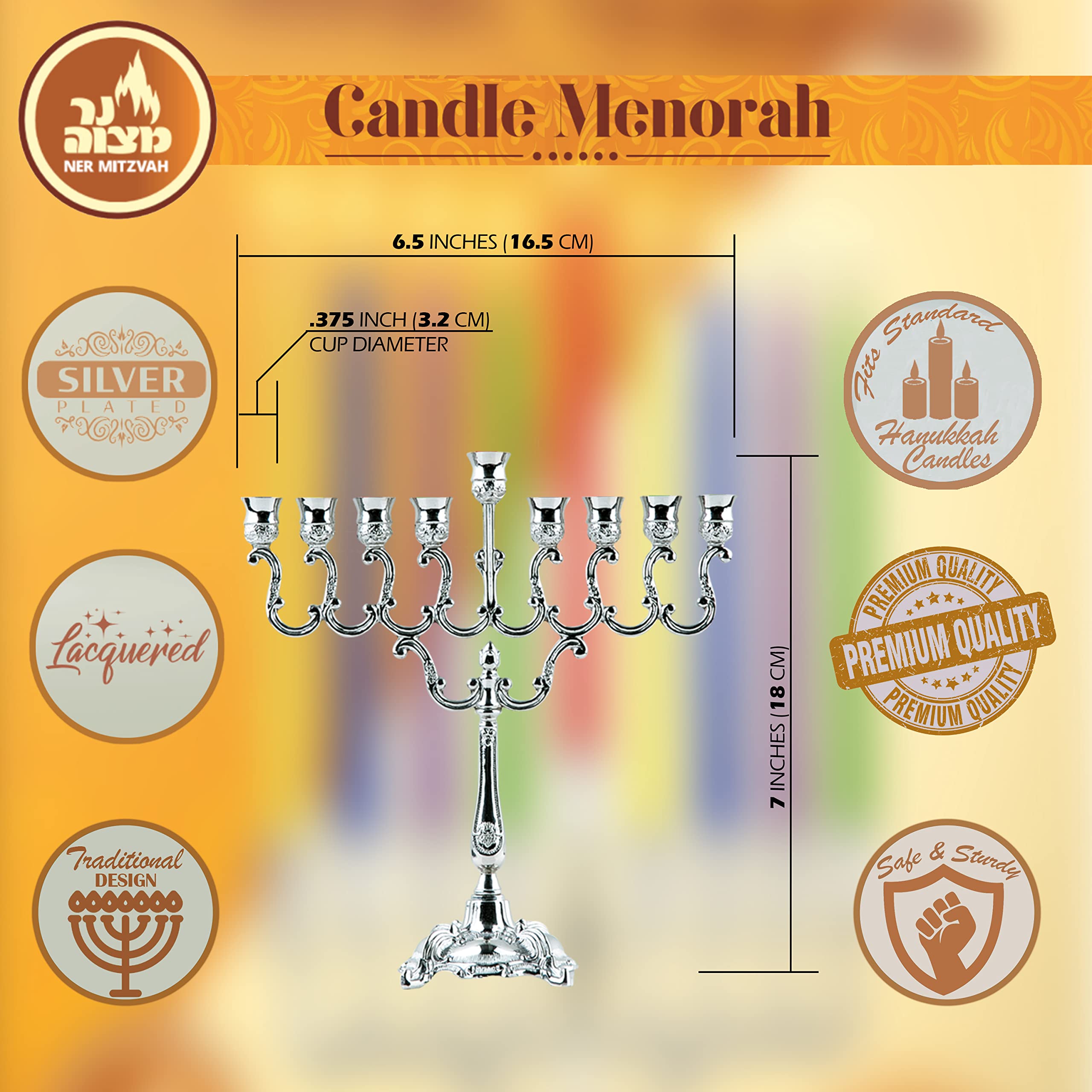 Ner Mitzvah Silver Plated Candle Menorah, Fits All Standard Hanukkah Candles - Curved Branches, 7.25 High x 6.5 Wide