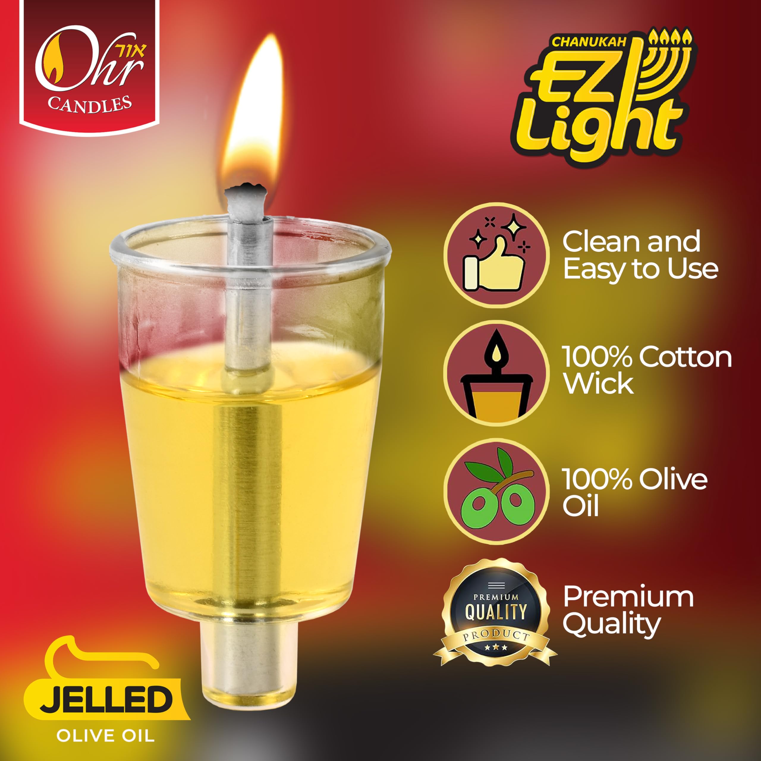 OHR CANDLES E-Z Light 44 Jelled Olive Oil Chanukah Candles Jelled Prefilled Olive Oil -1.5 Hour Burntime