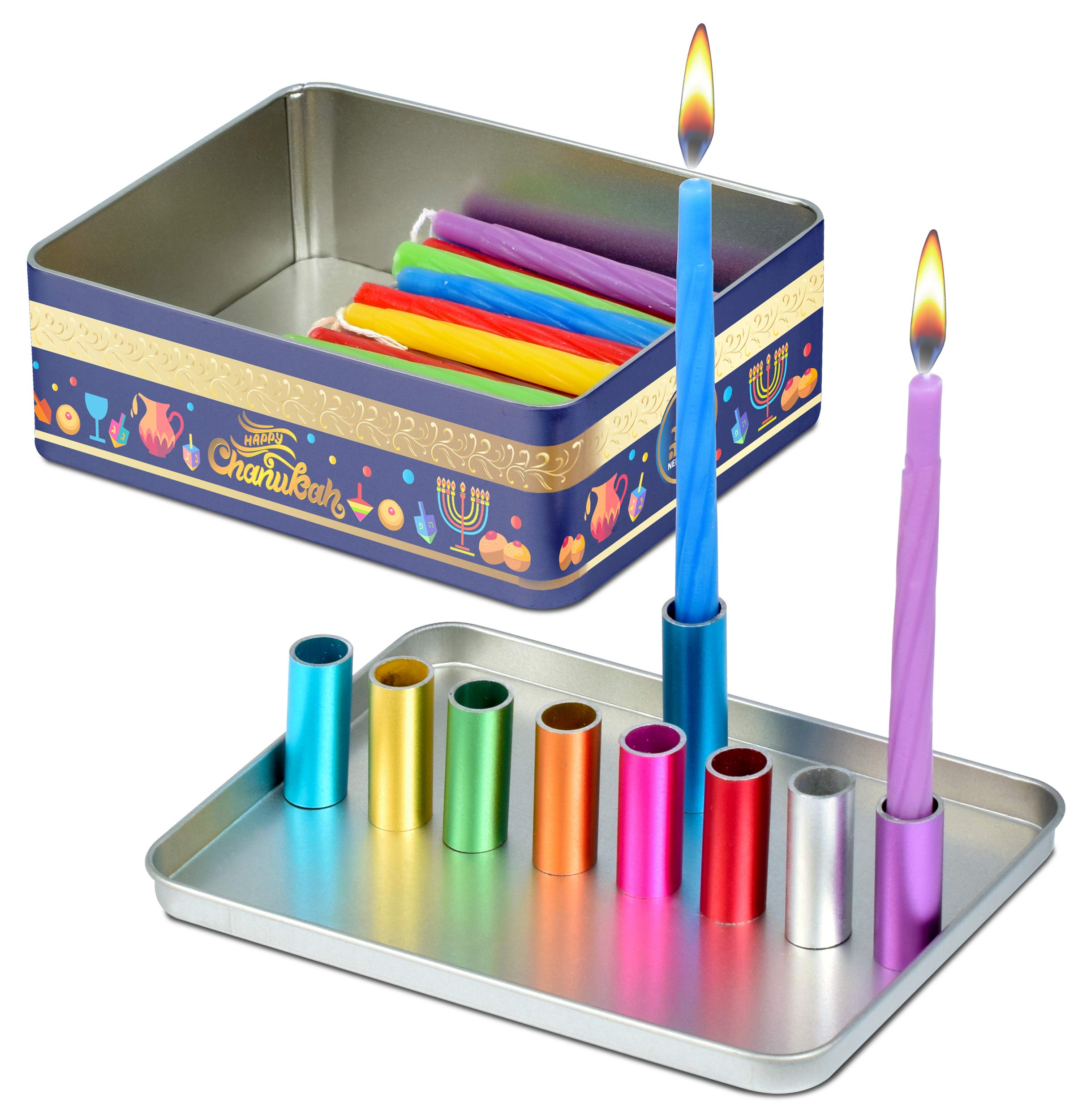 Colorful Kids Magnetic Candle Menorah Set- Includes Box of Chanukah Candles - Fun Safe and Decorative Tin Childrens Menorah