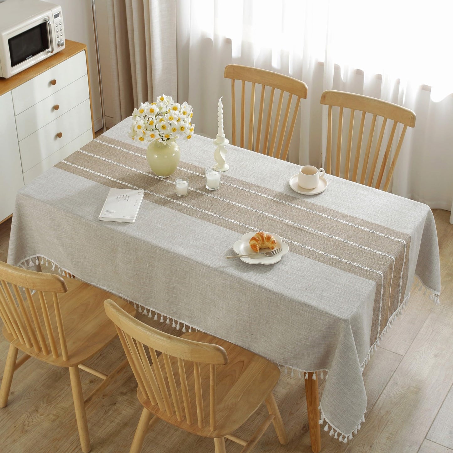 JIALE Tablecloths for Rectangle Tables, Cotton Linen Table Cloth Waterproof Tablecloth Wrinkle Free Farmhouse Dining Tables Cover, Soft Fabric Table Cloths with Tassels, Brown, 55" X 70", 4-6 Seats
