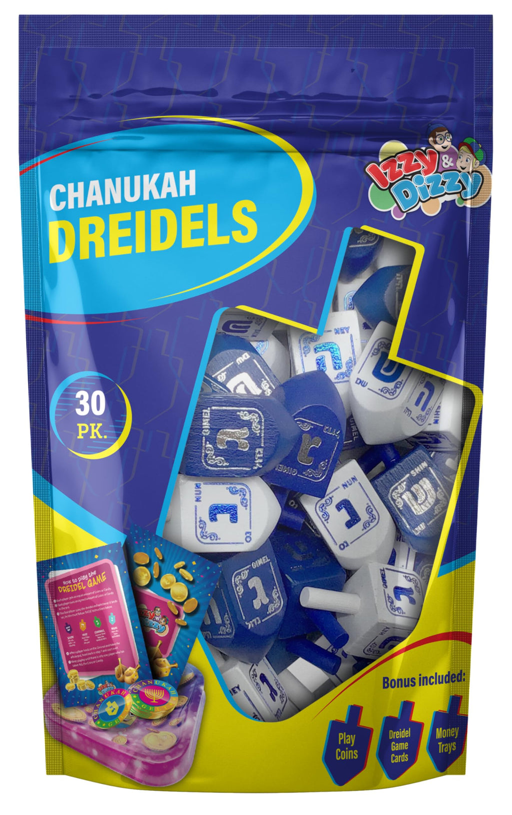 Izzy 'n' Dizzy Hanukkah Dreidels, Blue and White Wooden, Hand Painted, Game Instructions Included - Bulk (Pack of 30) - Medium