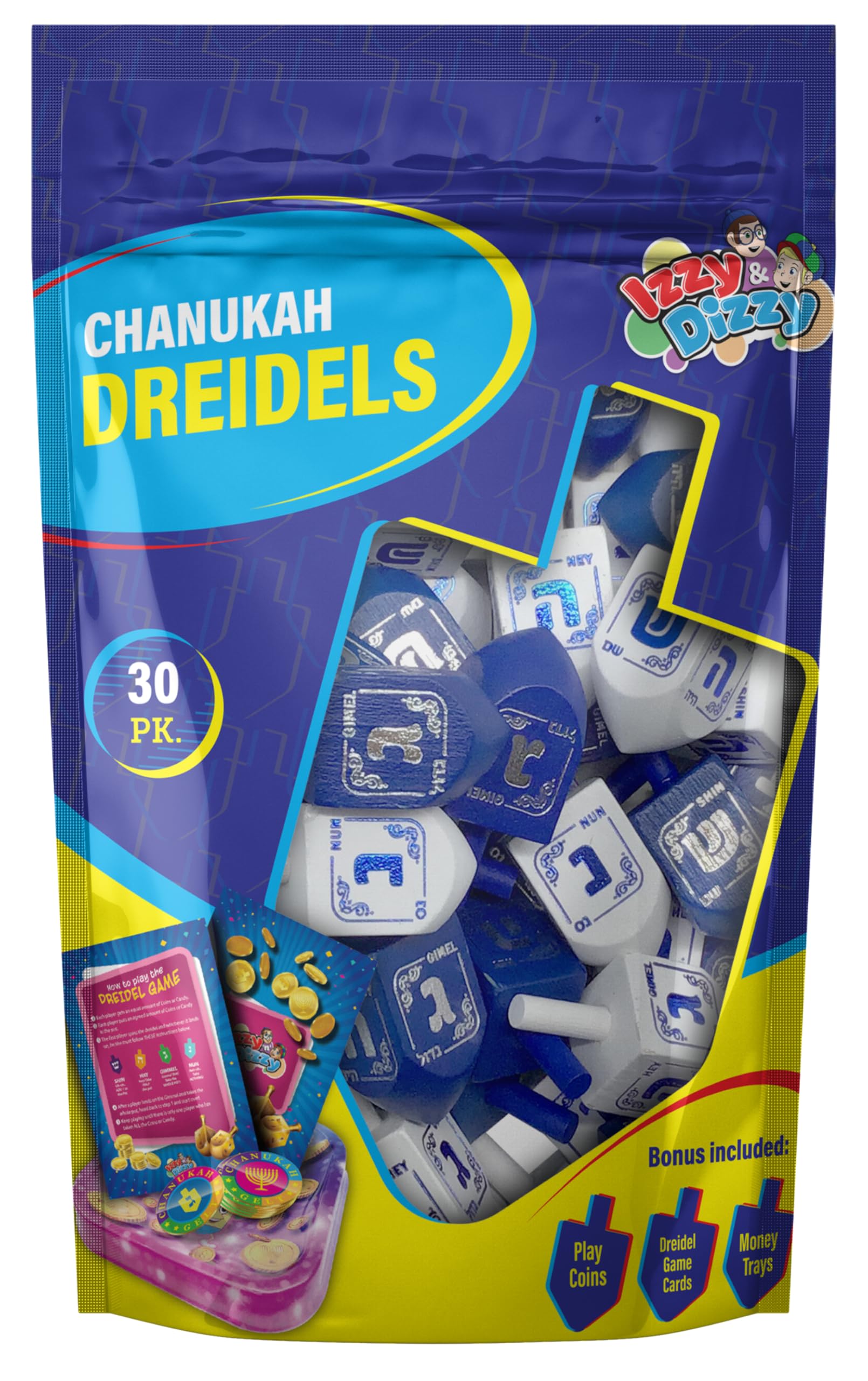 Izzy 'n' Dizzy Hanukkah Dreidels, Blue and White Wooden, Hand Painted, Game Instructions Included - Bulk (Pack of 30) - Medium