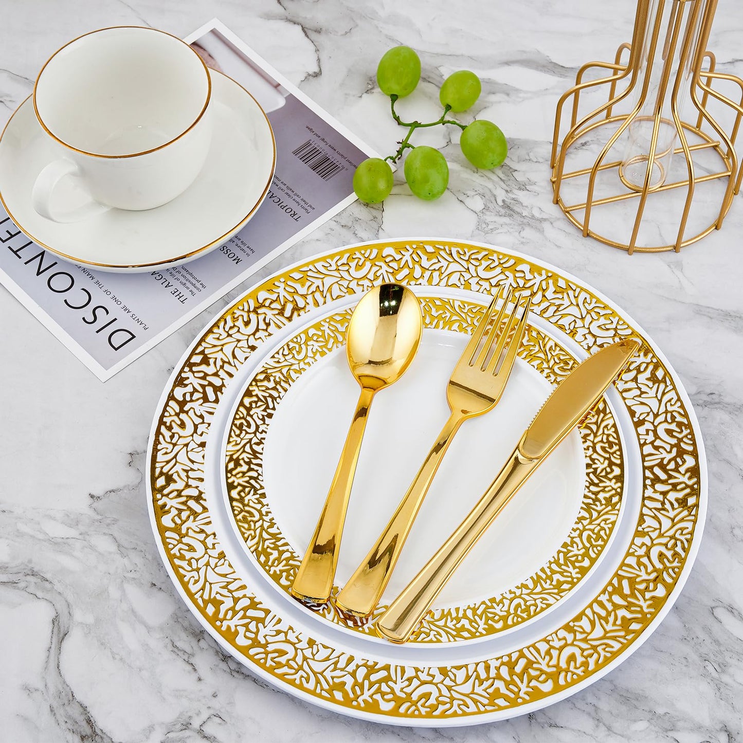 210 Count Gold Plastic Dinnerware, Gold Disposable Plates, Includes: 30 Dinner & 30 Dessert Plates & 30 Cups & 30 Paper Napkins & 30 Plastic Silverware Set