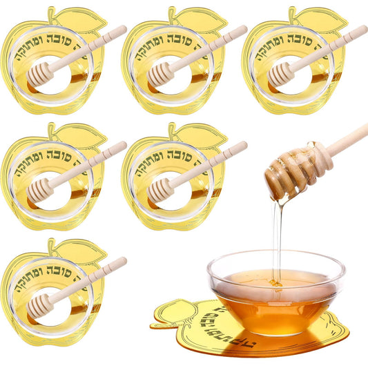 Newtay 6 Sets Rosh Hashanah Apple Shaped Honey Dish with Dipping Spoon Jewish New Year Decoration Honey Dish with Stick, Acrylic Apple Honey Dish for Jewish New Year Holiday Gift Party Favor(Gold)