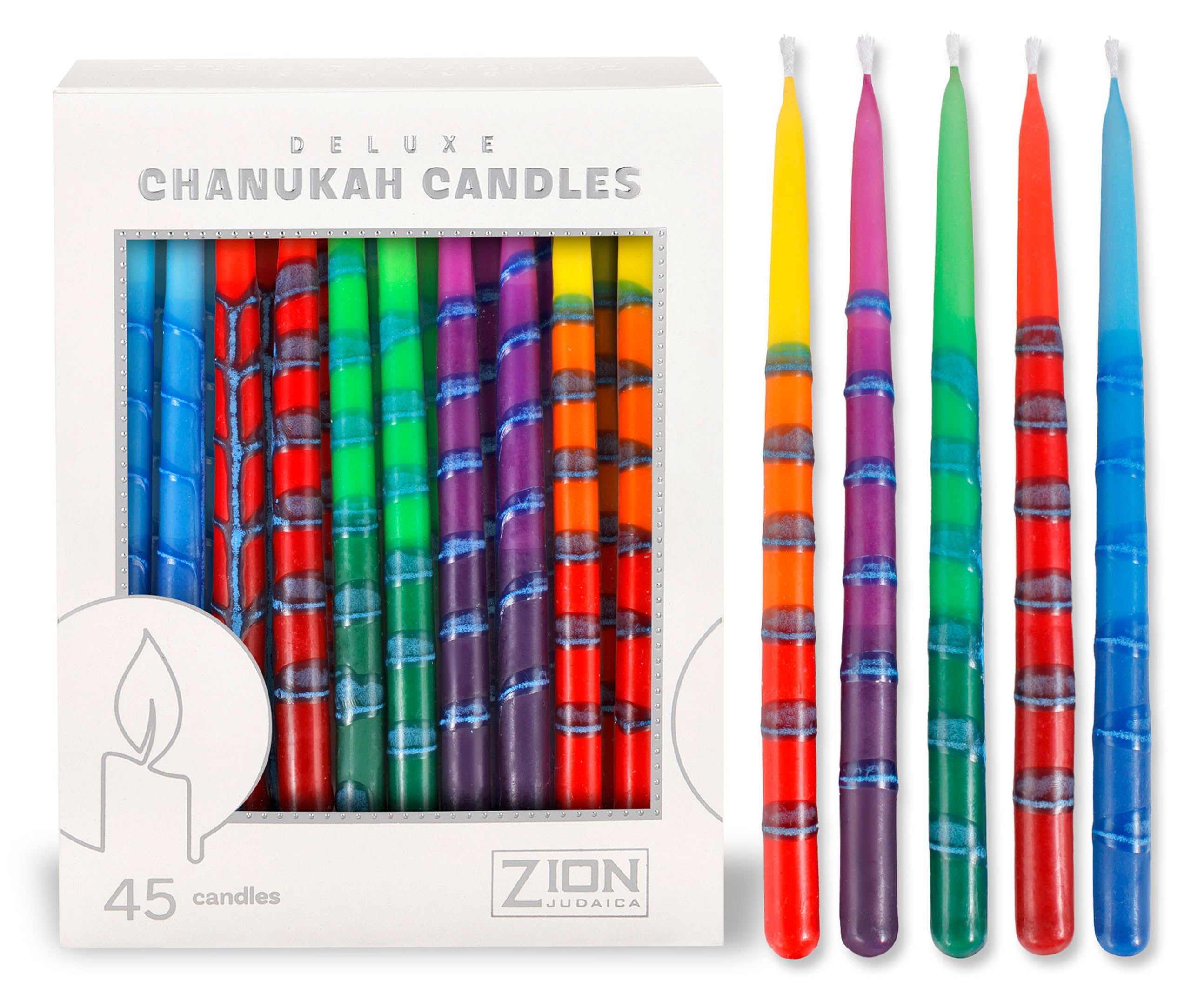 Zion Judaica Natural Beeswax Colorful Hanukkah Candles 45 Multi-Color Chanukah Natural Bees Wax Menorah Candles 0.38" Fits Standard Menorahs Dreidel & Minorah Prayer Card Hanukah Birthday Party Decor
