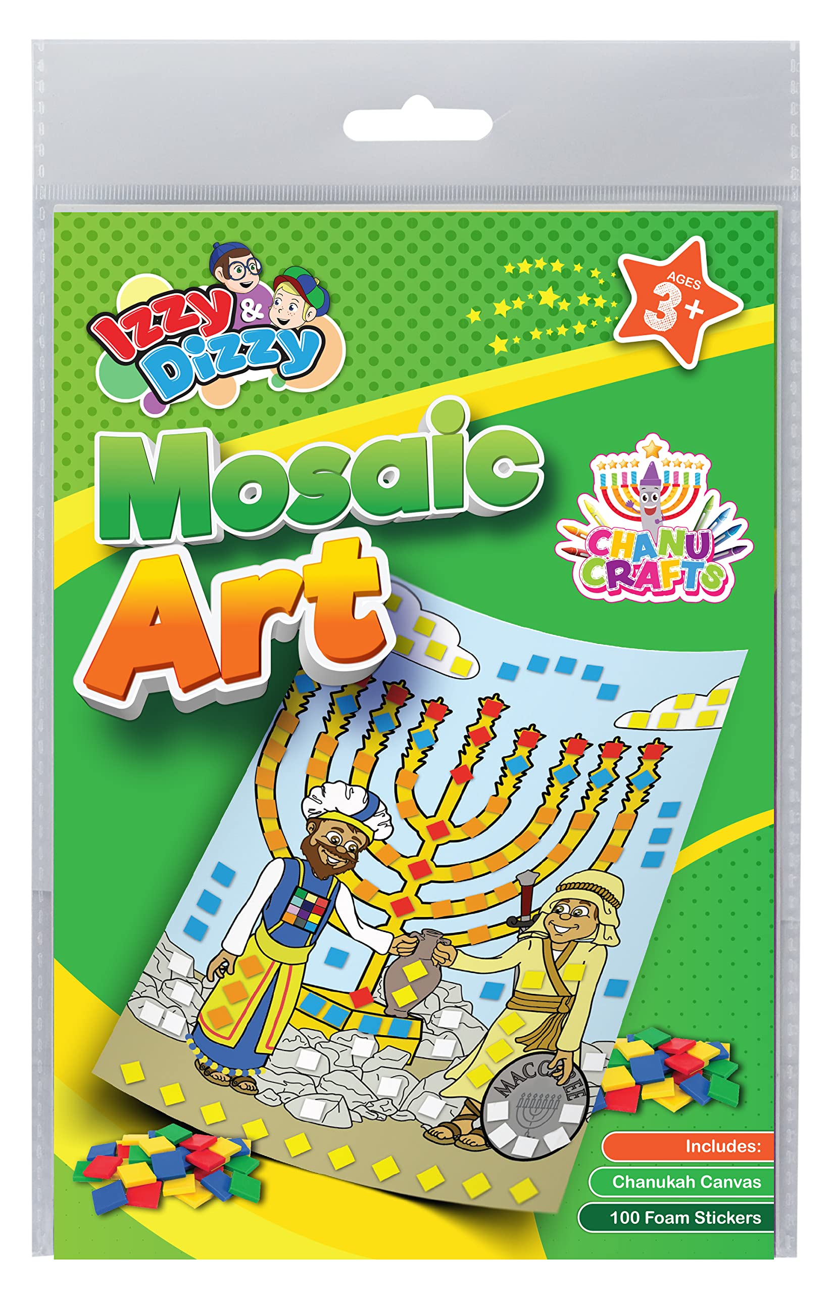 Hanukkah Mosaic Art Kit - 4 Pack - Includes 8" x 6" Board and Foam Squares - Chanukah Arts and Crafts - Gifts and Games