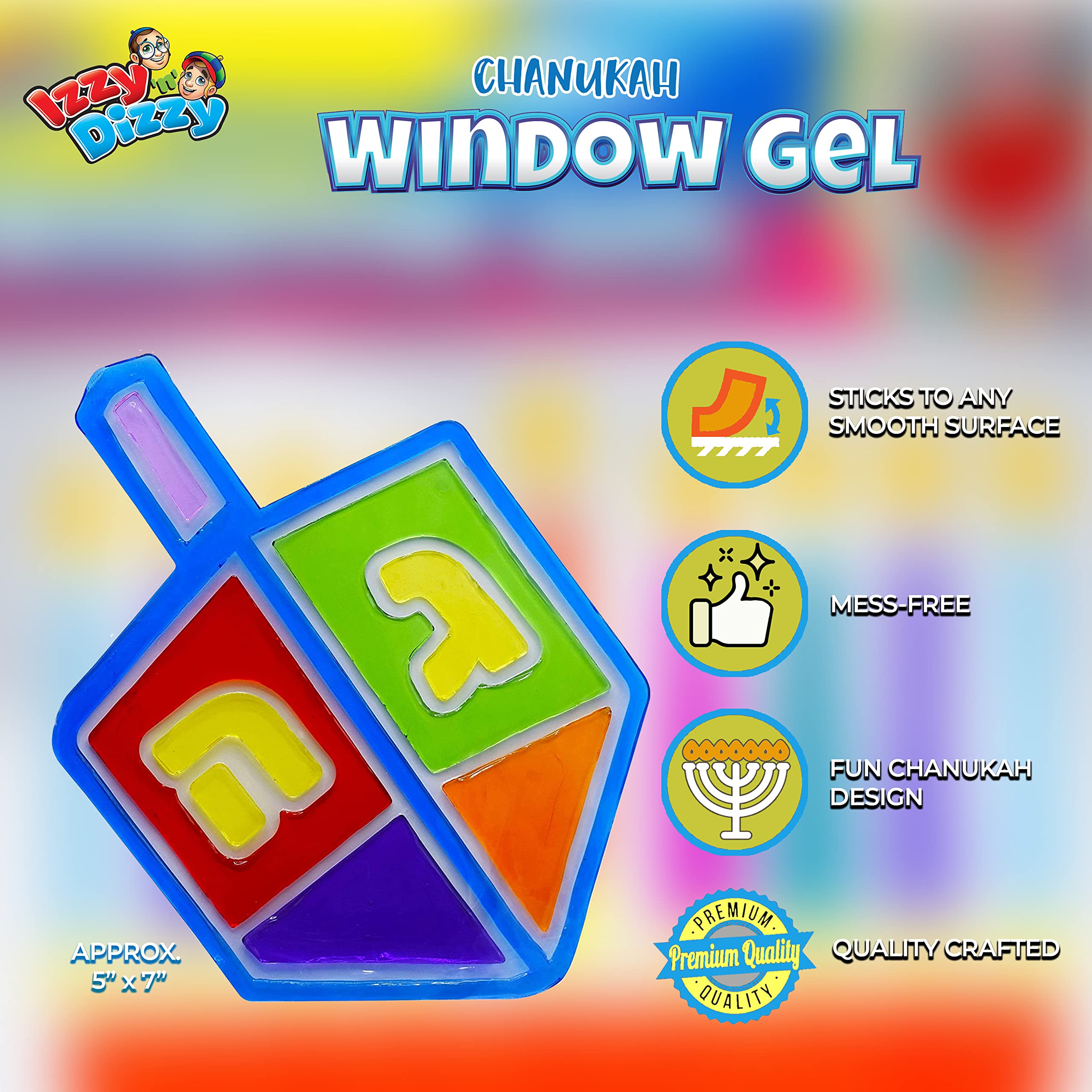 Dreidel Window Gel Cling - Self Sticking Chanukah Menorah and Dreidels - Hanukkah Party Decorations and Supplies by Izzy 'n' Dizzy