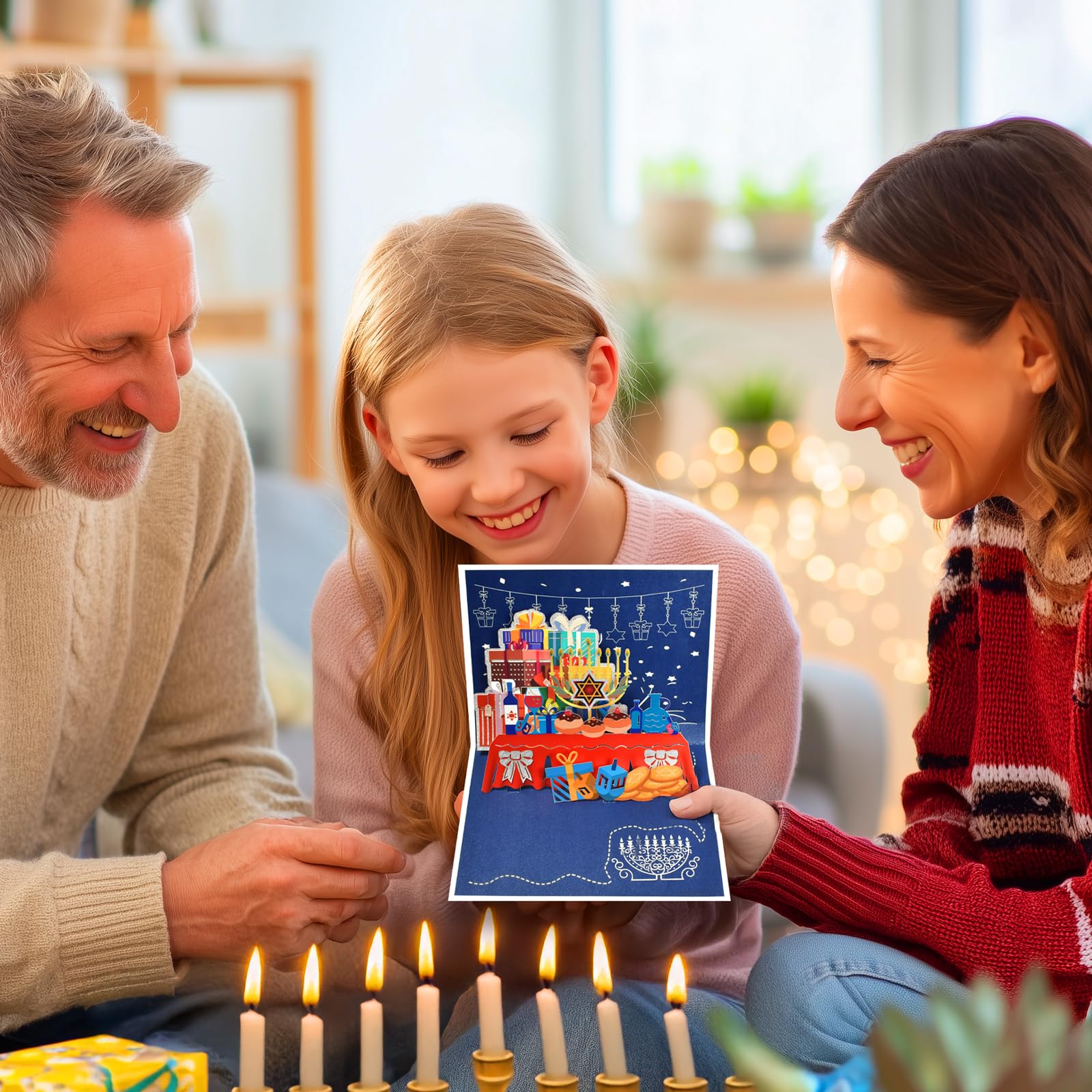 Hanukkah 3D Pop Up Greeting Card – Holiday Card with Menorah, Candles, Dreidel, and Star of David – Festival of Lights Jewish Greeting Card for Family, Friends, and Loved Ones with Envelope & Blank Note Card
