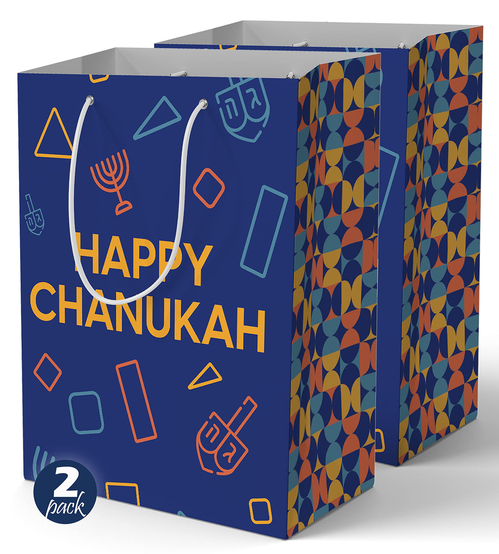 The Hanukkah Company - 2 Pack Blue Gift Bags - 12 Inch x 15 Inch - Hanukkah Designs