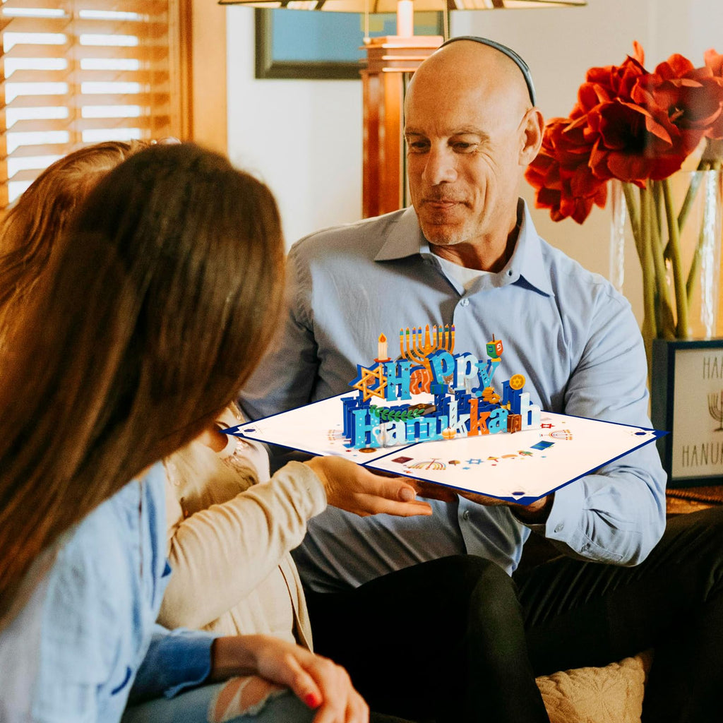 Magic Ants Happy Hanukkah 3D Pop Up Cards Pack – Menorah & “Happy Hanukkah” Designs, Festival of Lights Chanukah Greeting Cards with Candles, Dreidel, Star of David, Includes Envelope and Blank Notes