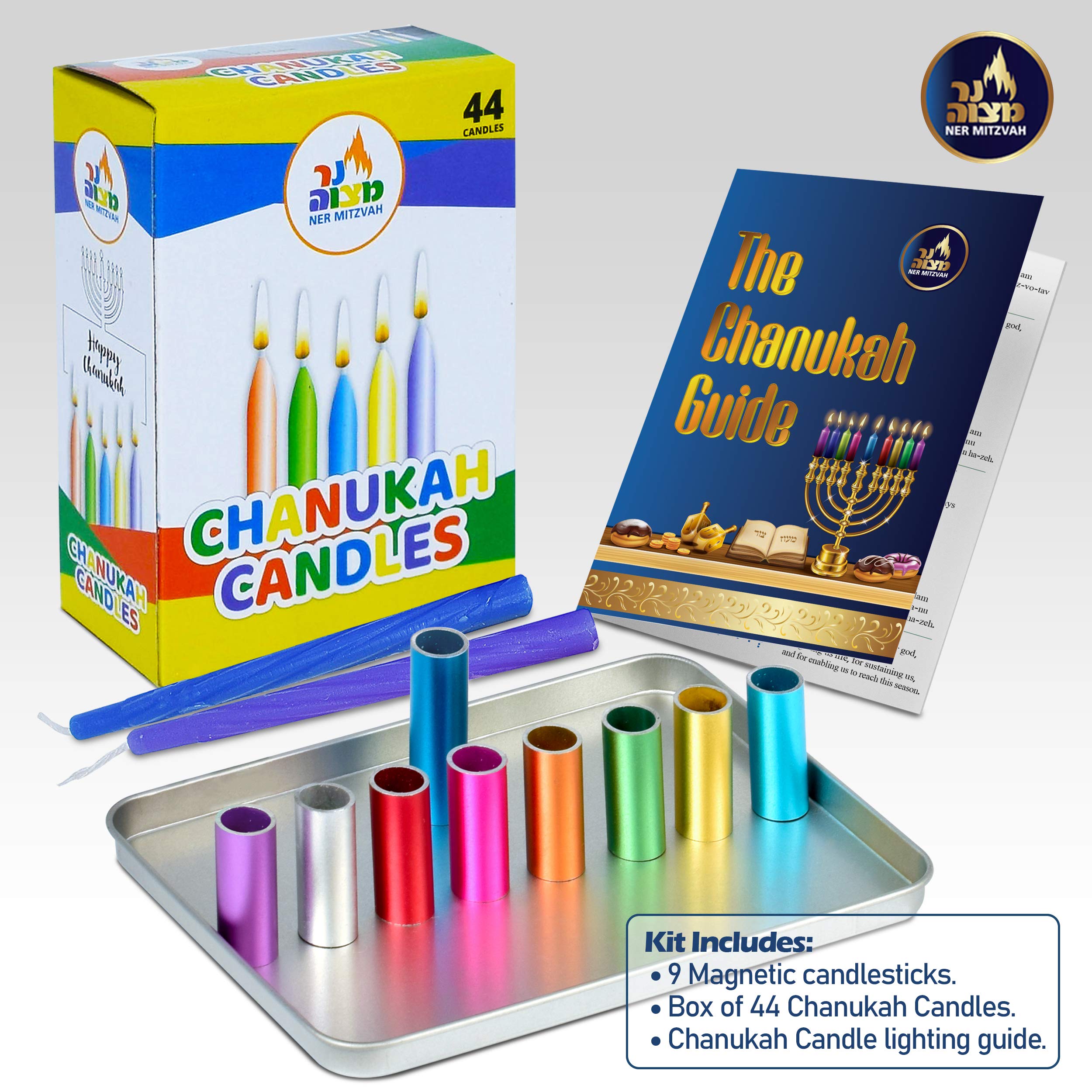 Colorful Kids Magnetic Candle Menorah Set- Includes Box of Chanukah Candles - Fun Safe and Decorative Tin Childrens Menorah