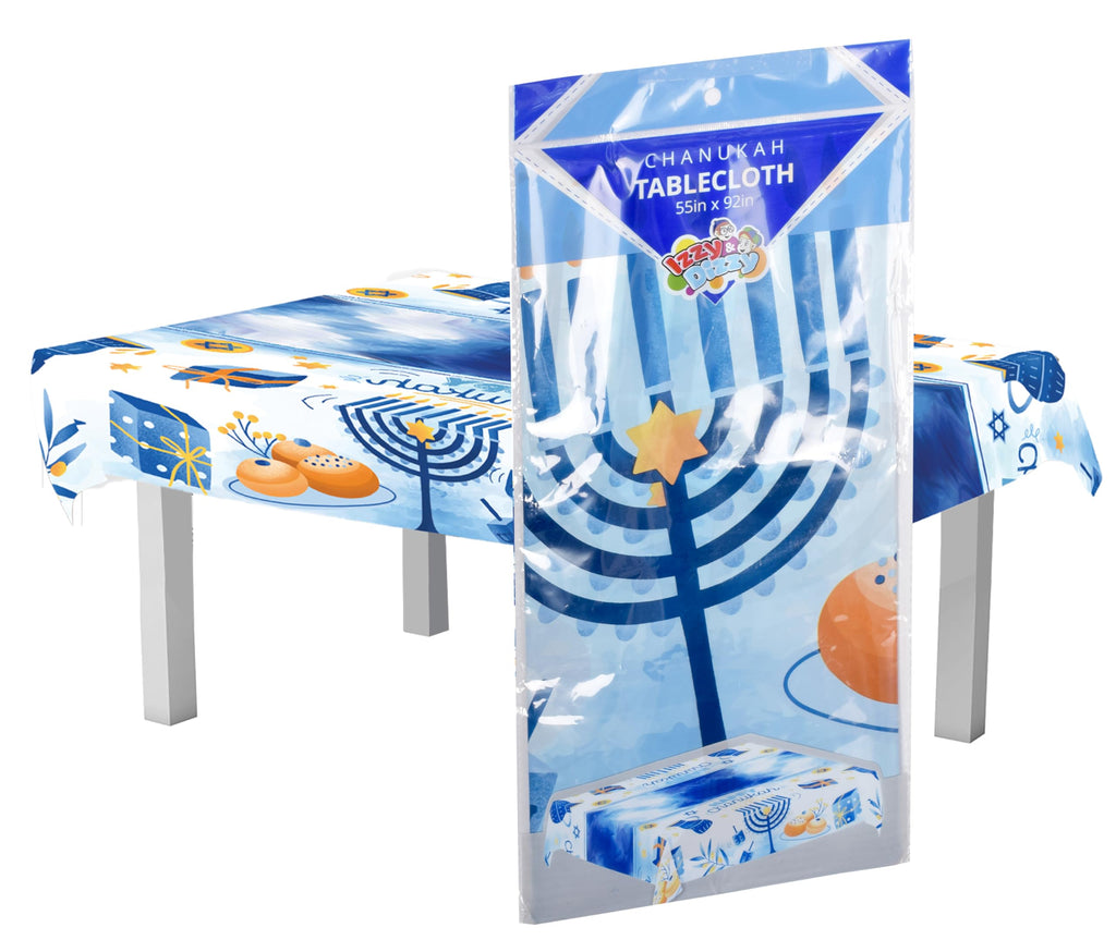 Izzy 'n' Dizzy Hanukkah Tablecloth Plastic - Hanukkah Paper Goods - 55" x 92" - Blue and White Chanukah Themed Party Supplies