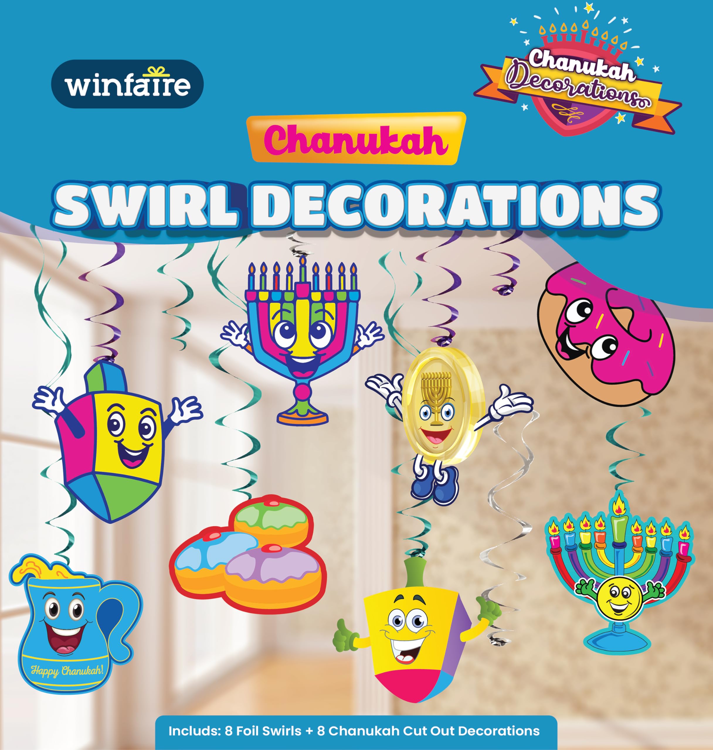 Izzy 'n' Dizzy Hanukkah Swirl Decorations, 8 Foil Swirls with 8 Hanukkah Cutouts, Menorah, Dreidel and Gelt Decorations - Multicolored