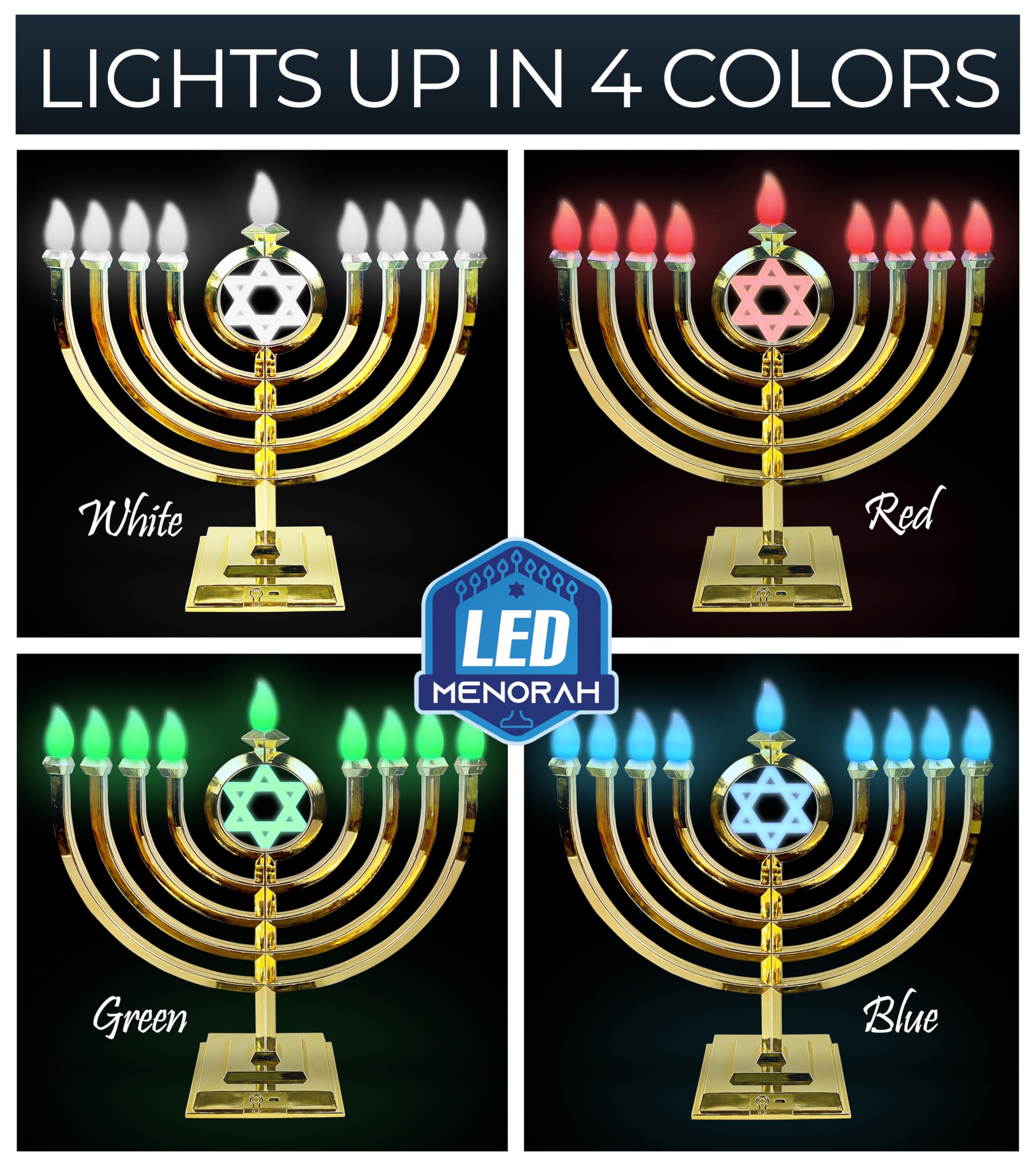 Ner Mitzvah LED Electric Hanukkah Menorah - Color Changing LED Traditional Classic Chanukah Menorah with Remote - Battery or USB Powered - USB Cord Included - Gold