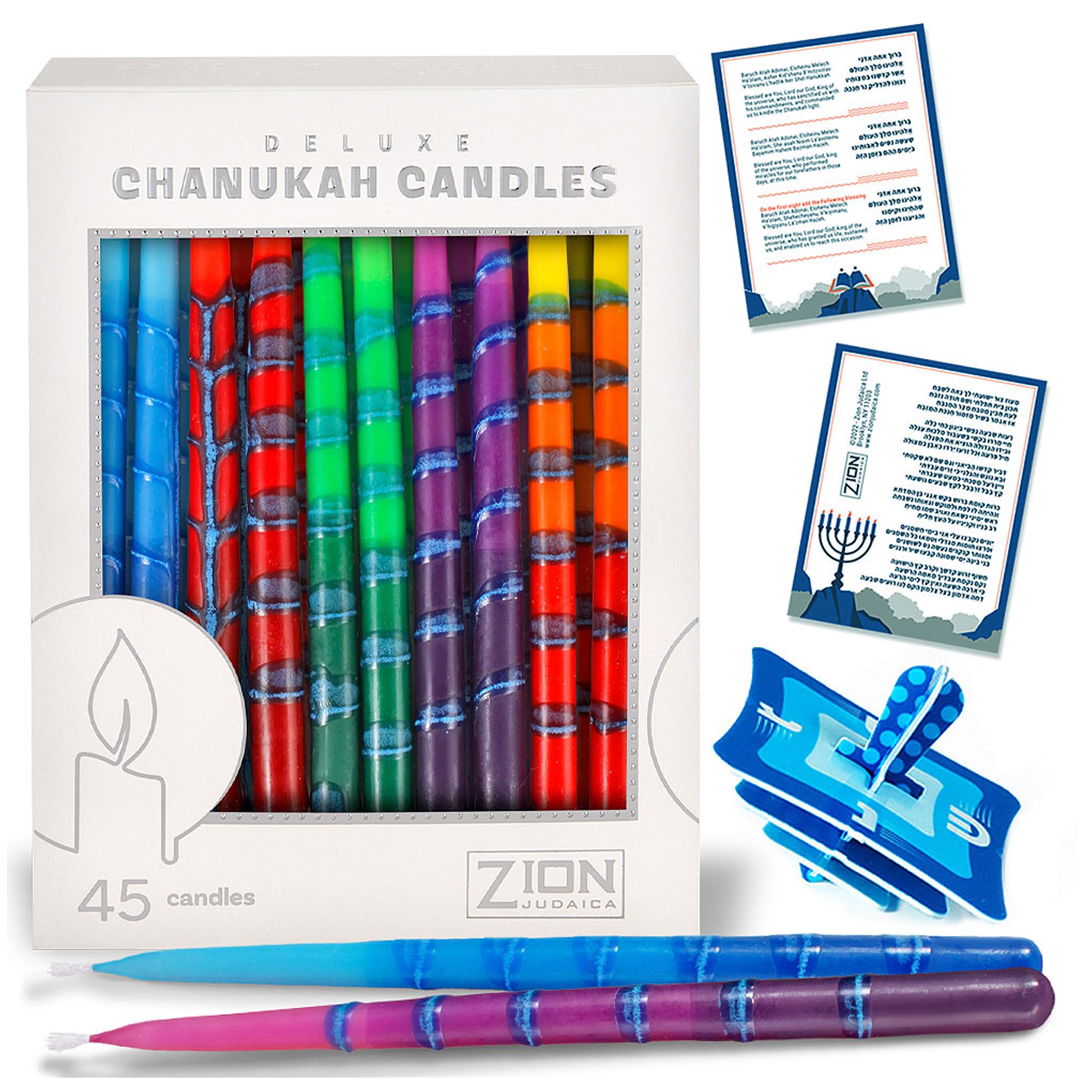 Zion Judaica Natural Beeswax Colorful Hanukkah Candles 45 Multi-Color Chanukah Natural Bees Wax Menorah Candles 0.38" Fits Standard Menorahs Dreidel & Minorah Prayer Card Hanukah Birthday Party Decor