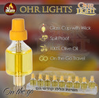 Ner Mitzvah On The Go Travel Menorah Set - 9 Pre-Filled Glass Cups Included - 100% Pure Olive Oil with 100% Cotton Wicks- Burns Approx. 2 1/2 Hrs