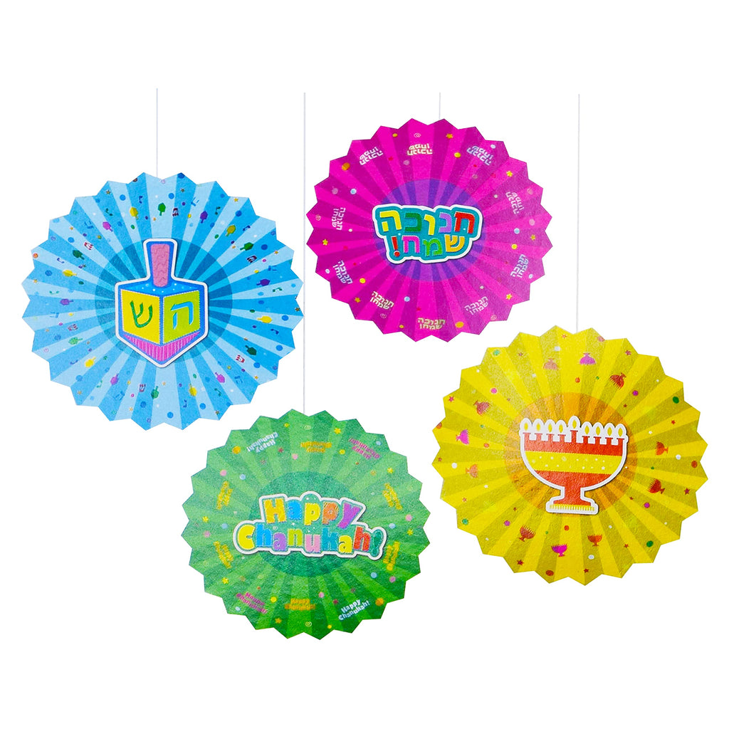 Hanukkah Paper Fan Decoration - 16 Pack - Menorahs, Dreidels, Happy Chanuka and Chanukah Sameach - Hanukkah Party Decorations and Supplies - Izzy 'n' Dizzy