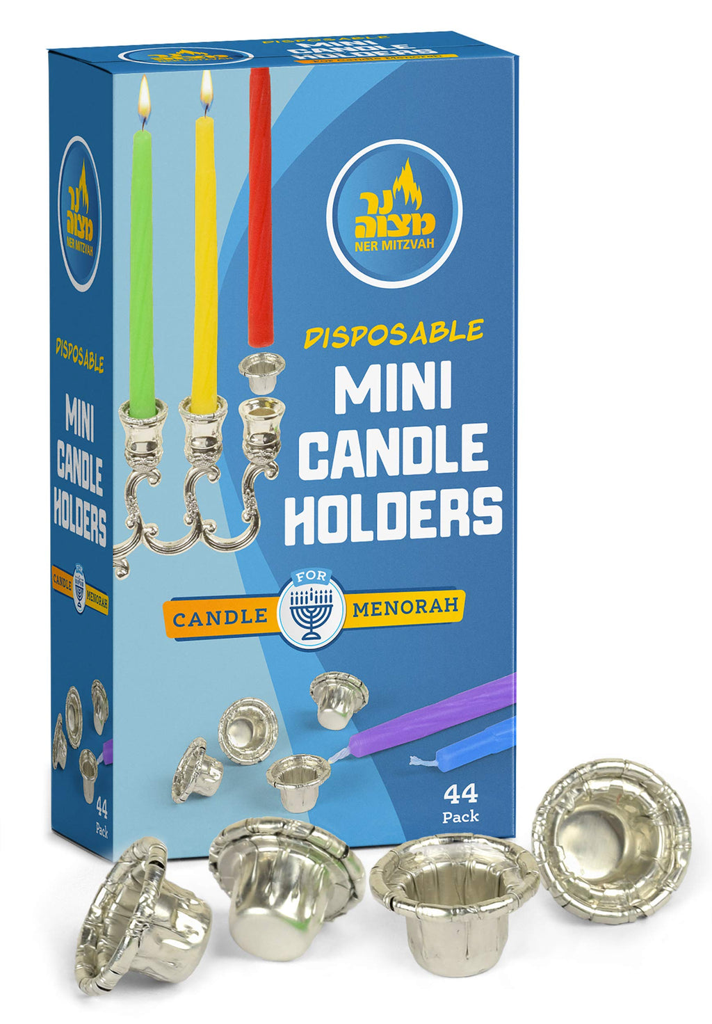 Ner Mitzvah Hanukkah Mini Candle Holders - Disposable Liner Inserts for Candle Menorah - Drip Guard Foil Cups - 44 Count - Mini