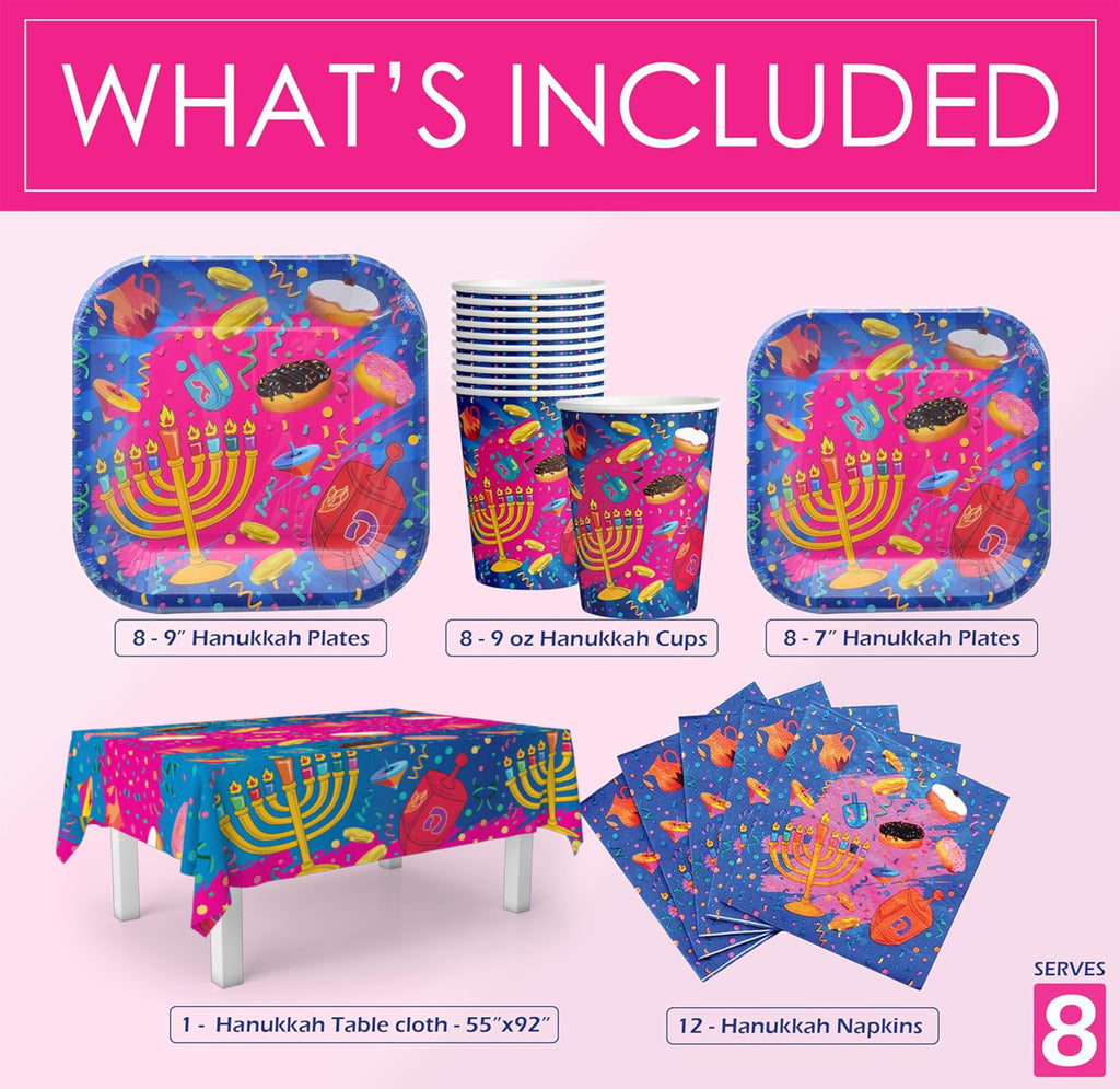 Izzy 'n' Dizzy Hanukkah Paper Goods Set - Plates, Cups, Napkins and Tablecloth, Mega Pack (Serves 8)