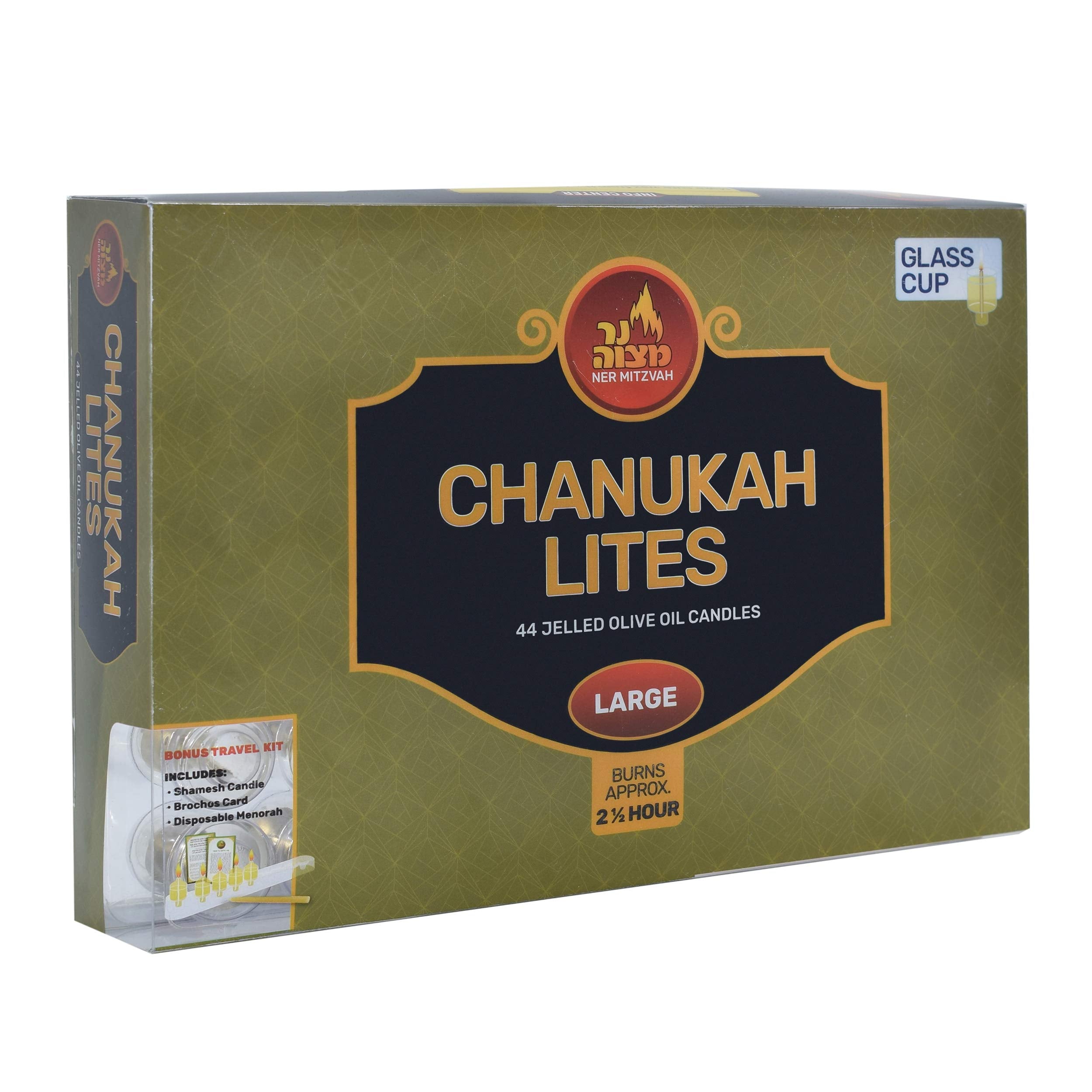 Ner Mitzvah Menorah Jelled Oil Cup Candles - Pre-Filled Hanukkah Chanukah Lights - Olive Oil with Cotton Wick in Glass Cup - Large Size, 44 per Pack, Burns Approx. 2.5 Hours