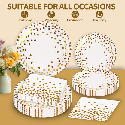 PUEVENYI 150PCS White Plates and Napkins Party Supplies, Paper Plates Disposable Serve 50 Guests, White and Gold Party Decorations for Graduation Baby Showers Bridal Showers Birthday Wedding