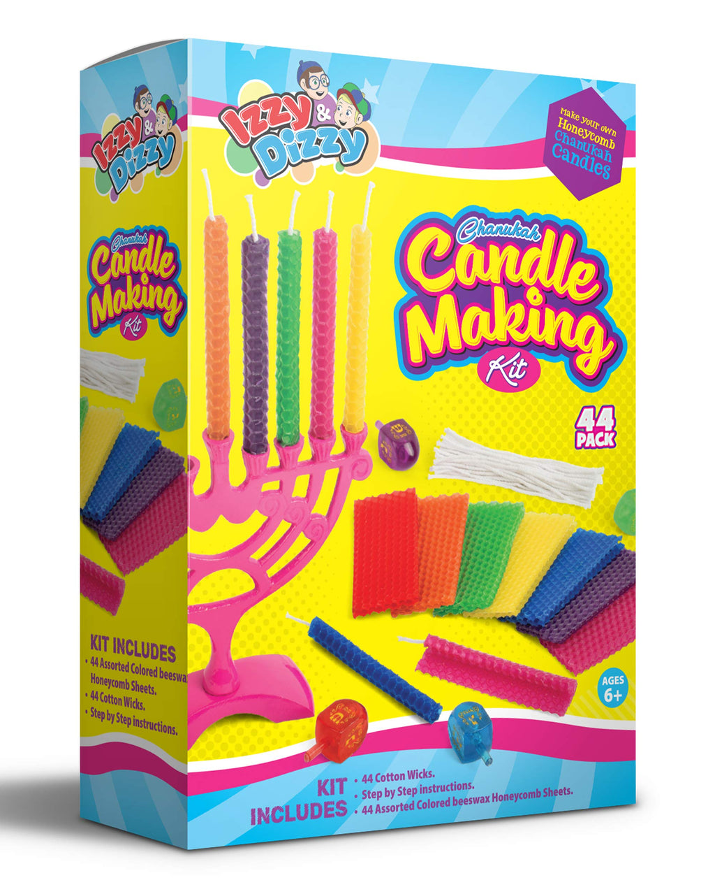 Izzy 'n' Dizzy Hanukkah Candle Making Kit - Includes 44 Beeswax Honeycomb Sheets, 44 Cotton Wicks, Instructions - Chanukah Arts and Crafts