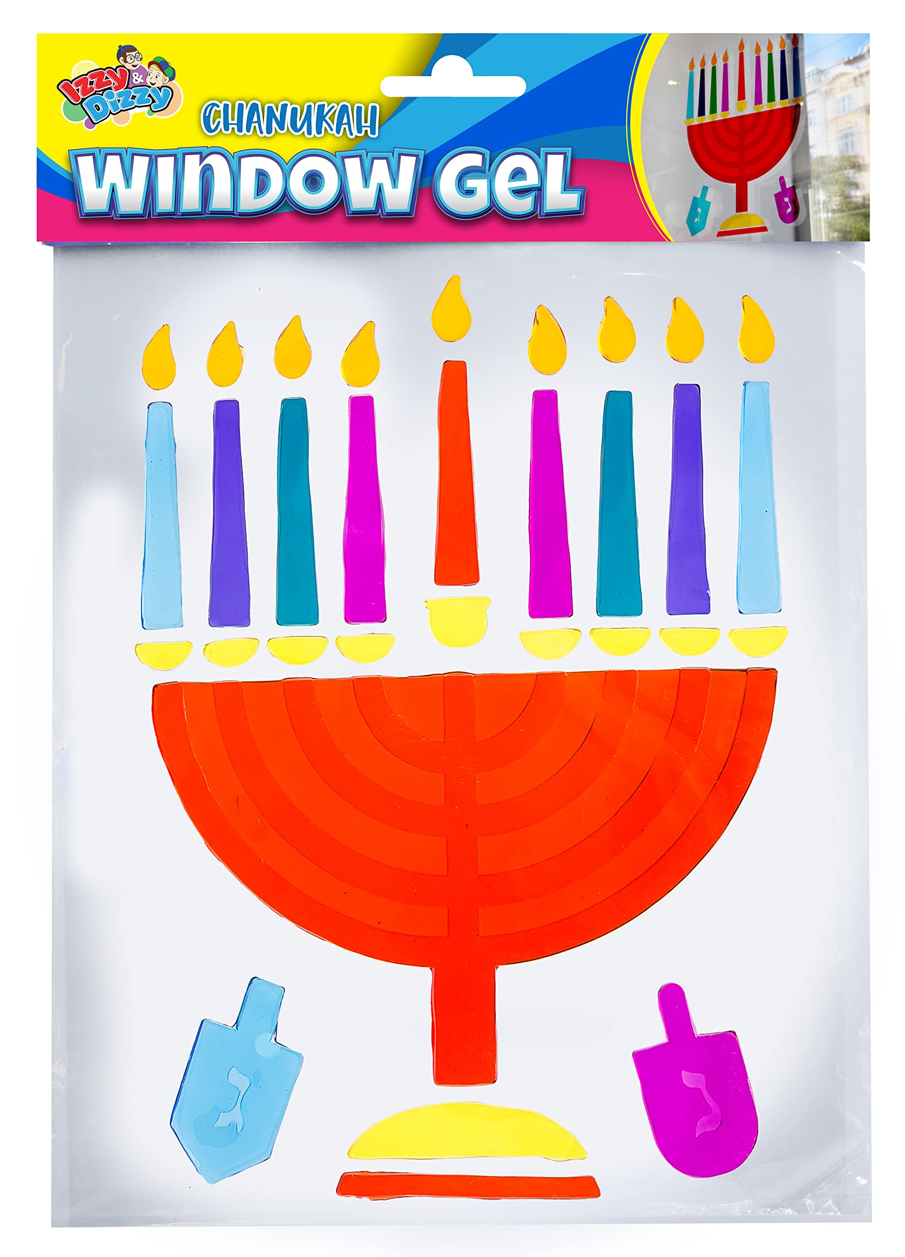 Menorah Window Gel Cling - Self Sticking Chanukah Menorah and Dreidels - Hanukkah Party Decorations and Supplies by Izzy 'n' Dizzy