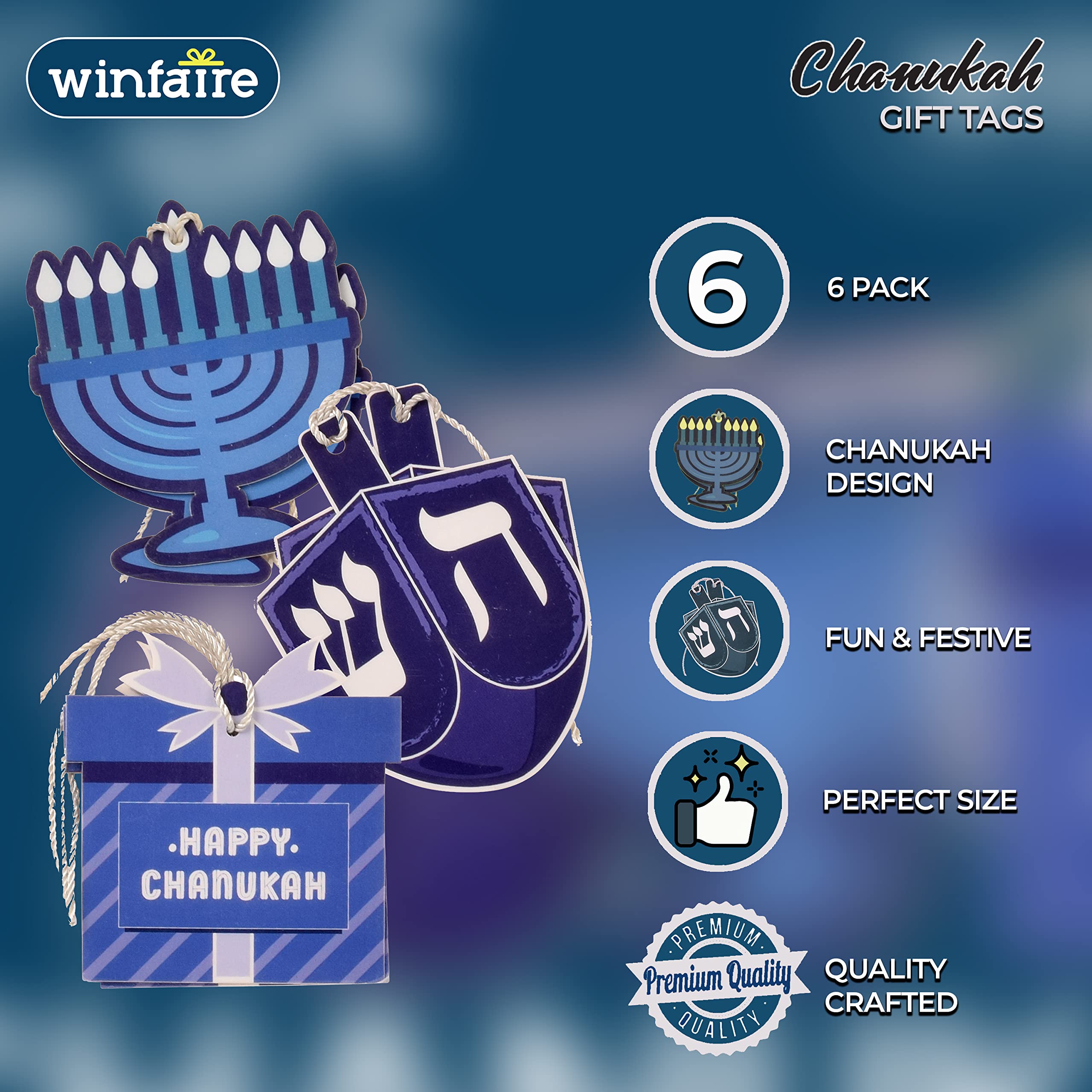 Hanukkah Gift Tags - 6 Hanging Chanukah Gift Tags - Assorted Hannukah Menorah and Dreidel Design - Blue Gift Tag
