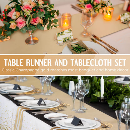 Breling 8 Pack White and Gold Disposable Plastic Tablecloths and Satin Table Runner Set, 54 x 108 Inch Tablecloth, 12 x 108 Inch Table Runners for Wedding First Communion Baby Shower Graduation