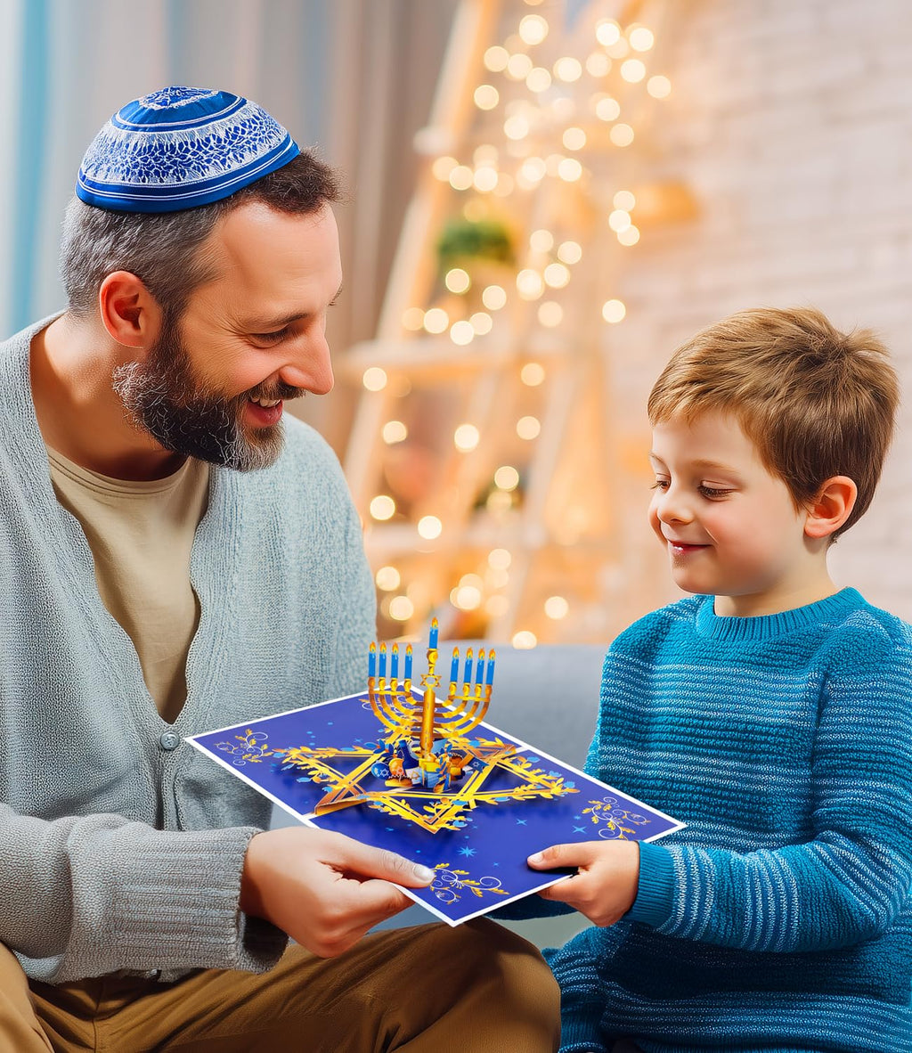 3D Pop Up Hanukkah Greeting Card – Festival of Lights with Candles, Dreidels and Traditional Hanukkah Symbols – Jewish Holiday Card for Family, Friends & Loved Ones, Includes Envelope and Blank Note
