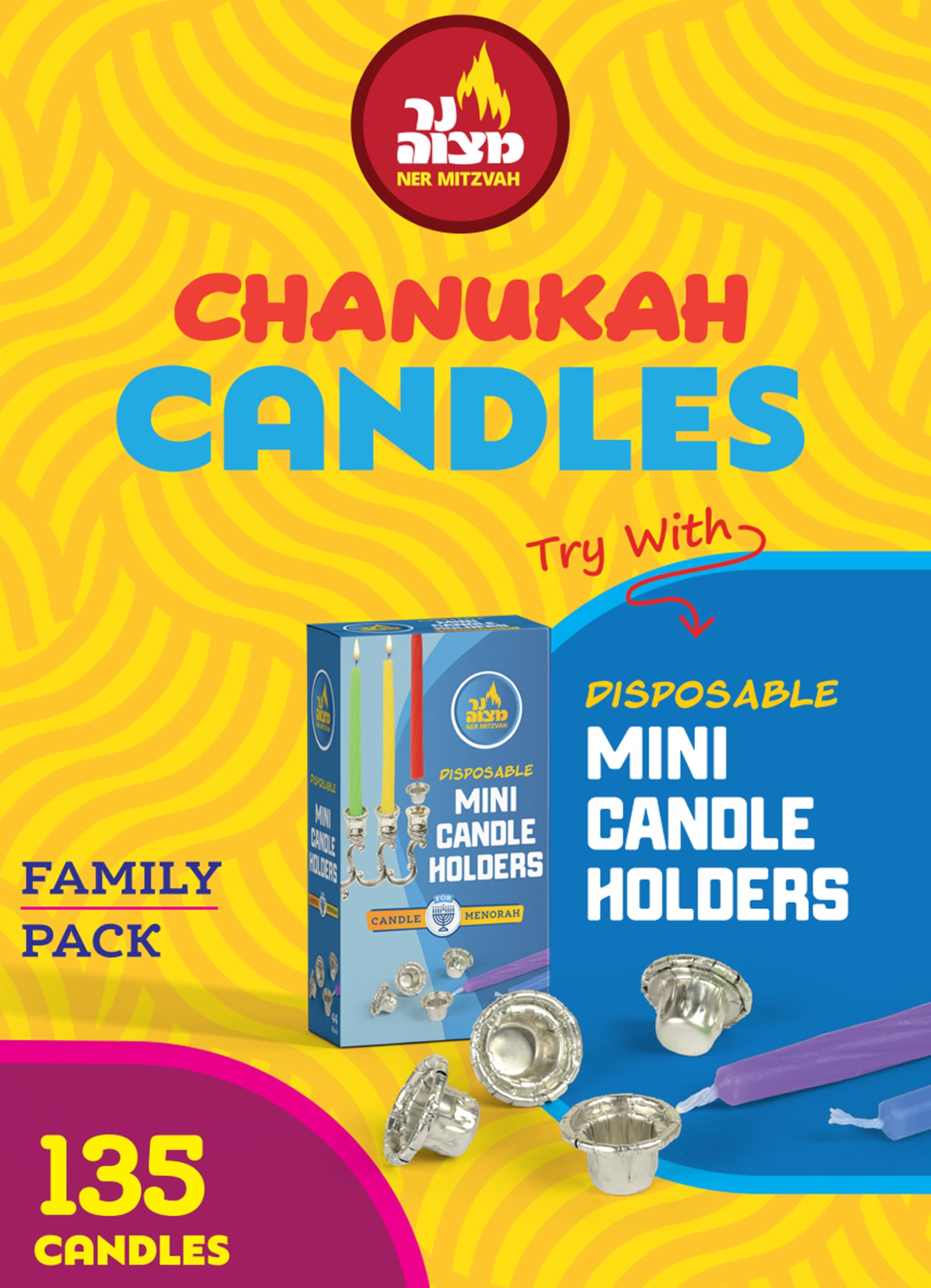 Ner Mitzvah Colorful Chanukah Candles, Standard Size Candle Fits Most Menorahs, Premium Quality and Assorted Colors (Pack of 135)