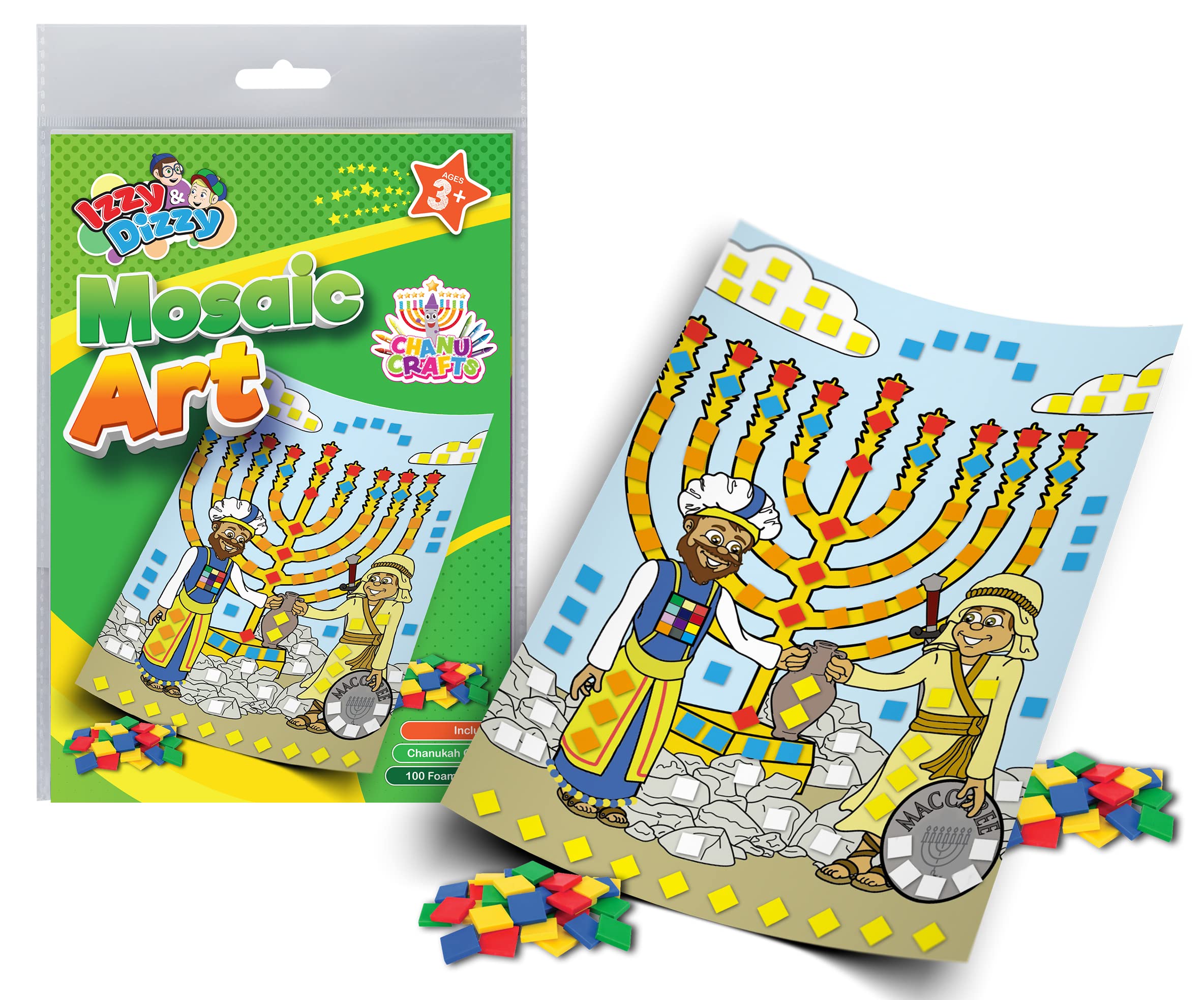 Hanukkah Mosaic Art Kit - 4 Pack - Includes 8" x 6" Board and Foam Squares - Chanukah Arts and Crafts - Gifts and Games