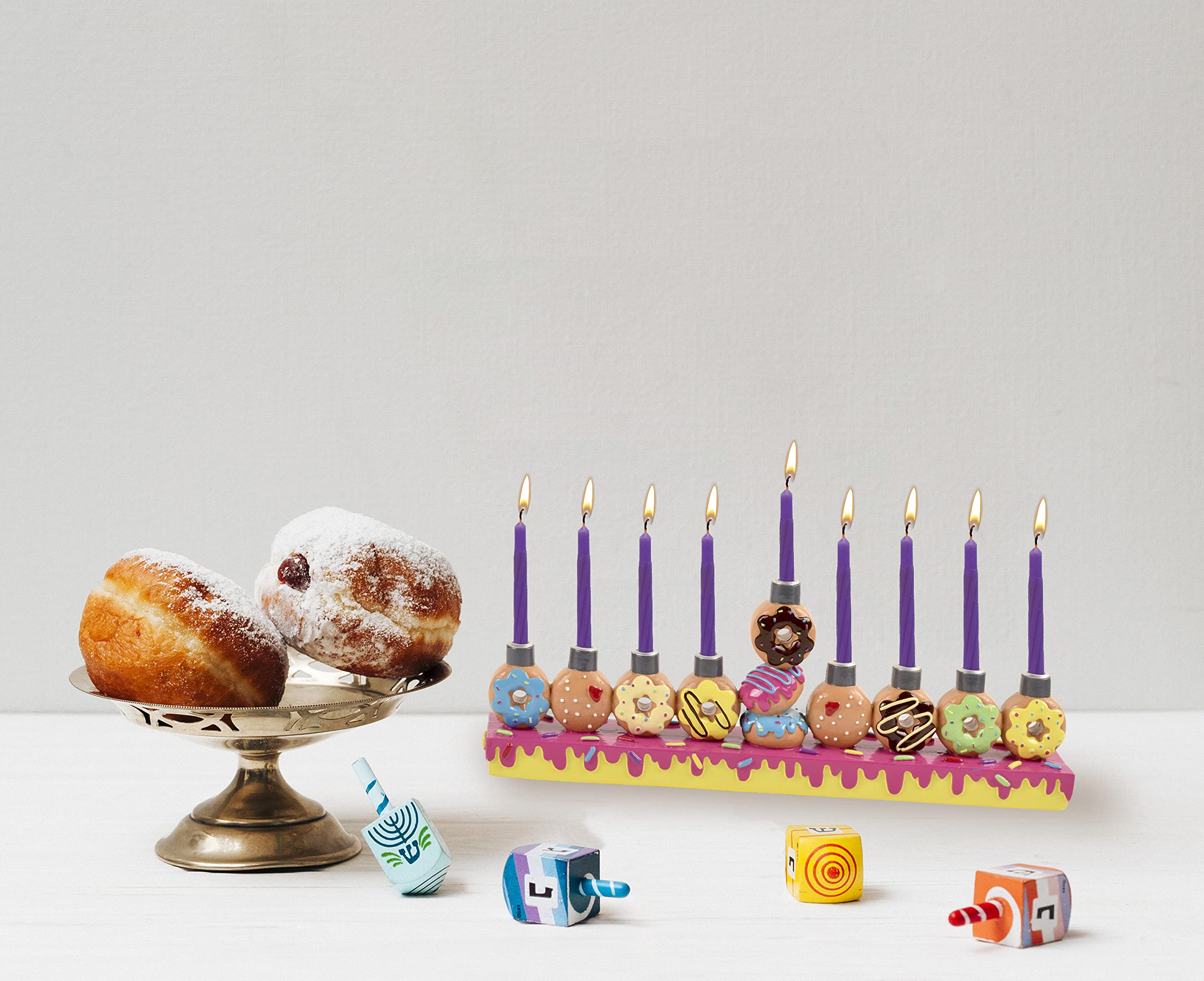 Ner Mitzvah Hand Painted Resin Chanukah Menorah - Theme Menorahs for Chanukah - Donuts for Hanukkah Menorah for Kids