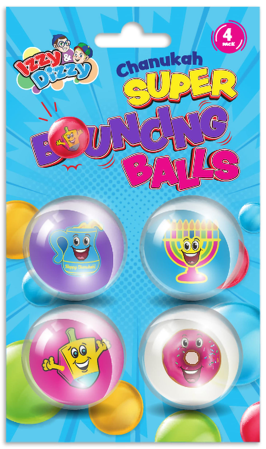 Izzy 'n' Dizzy Hanukkah Bouncing Balls for Kids - 1" Super Bouncy Balls - 4 Pack Chanukah Menorah, Dreidel and Donut Design Bouncing Ball - Hanukkah Gifts for Kids