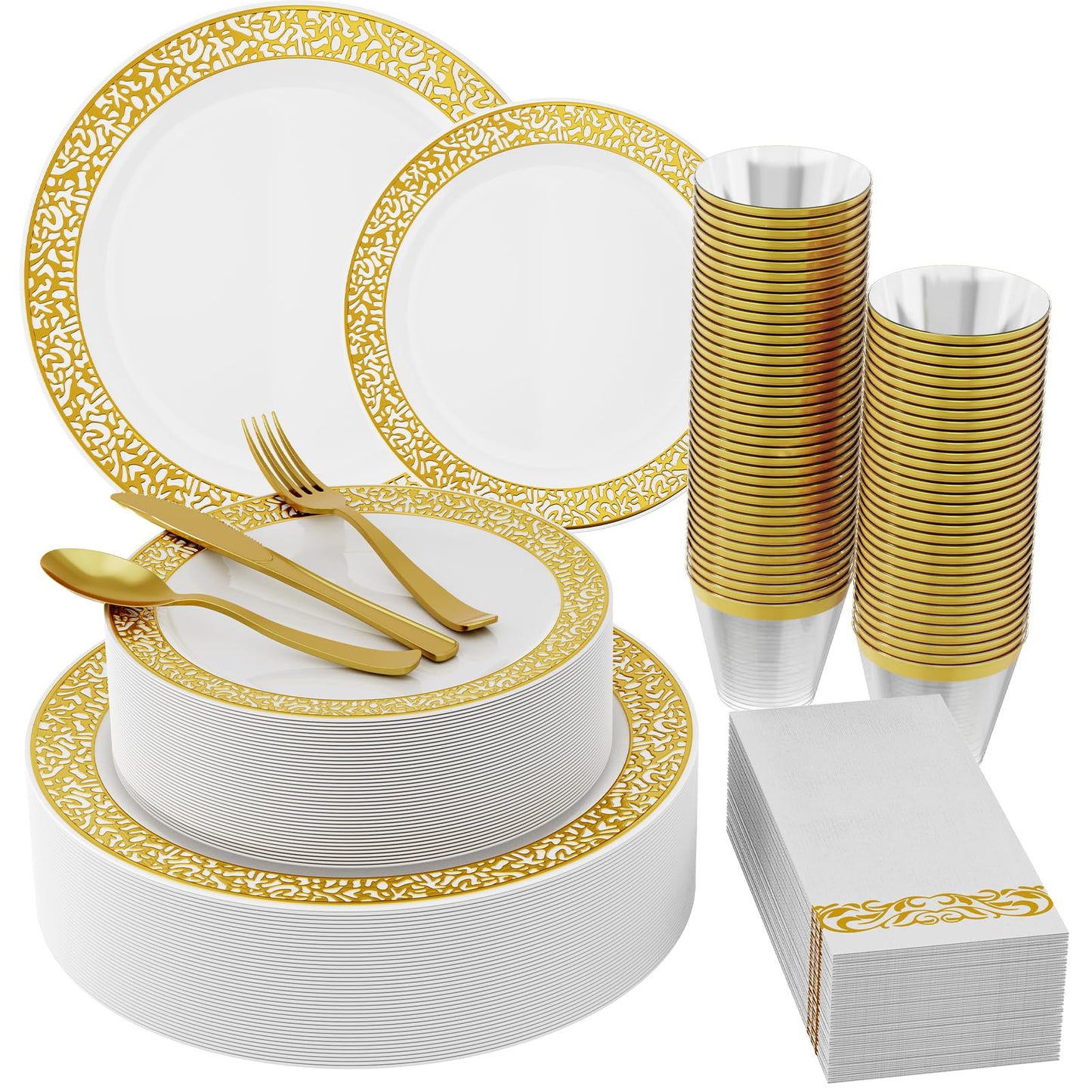 210 Count Gold Plastic Dinnerware, Gold Disposable Plates, Includes: 30 Dinner & 30 Dessert Plates & 30 Cups & 30 Paper Napkins & 30 Plastic Silverware Set