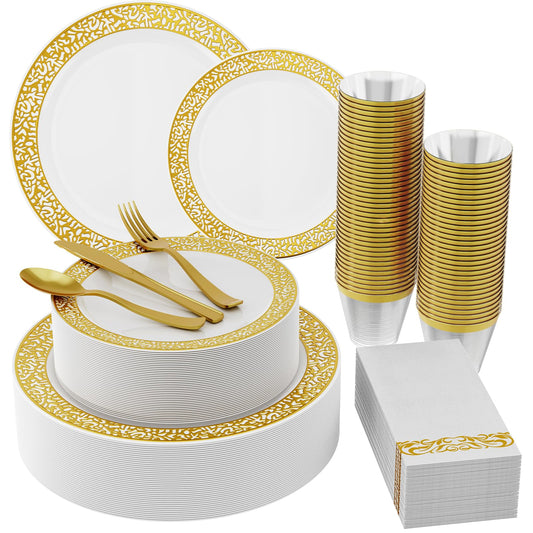 210 Count Gold Plastic Dinnerware, Gold Disposable Plates, Includes: 30 Dinner & 30 Dessert Plates & 30 Cups & 30 Paper Napkins & 30 Plastic Silverware Set