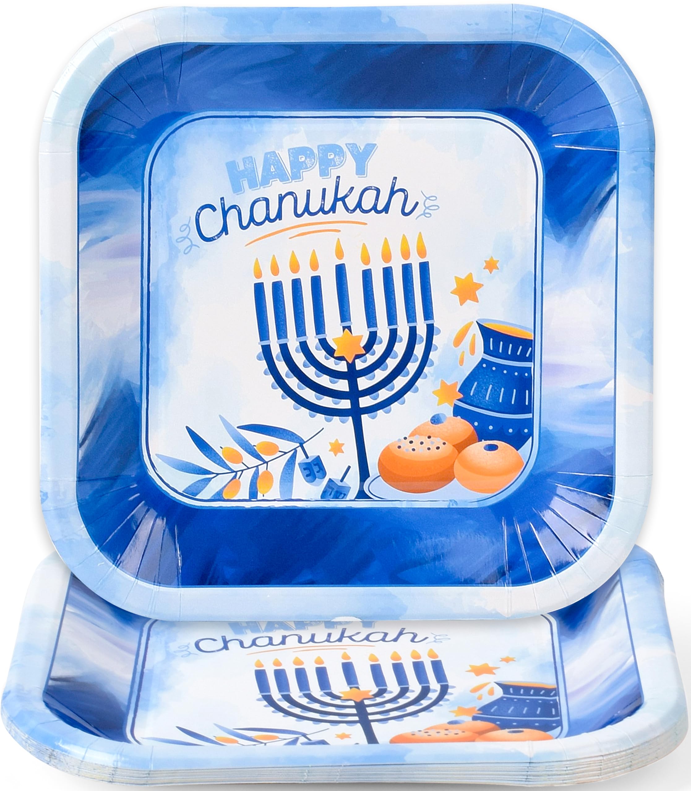 Izzy 'n' Dizzy Hanukkah Plates - 7 Inch - 10 Pack - Hanukkah Paper Goods - Blue and White Chanukah Themed Party Supplies