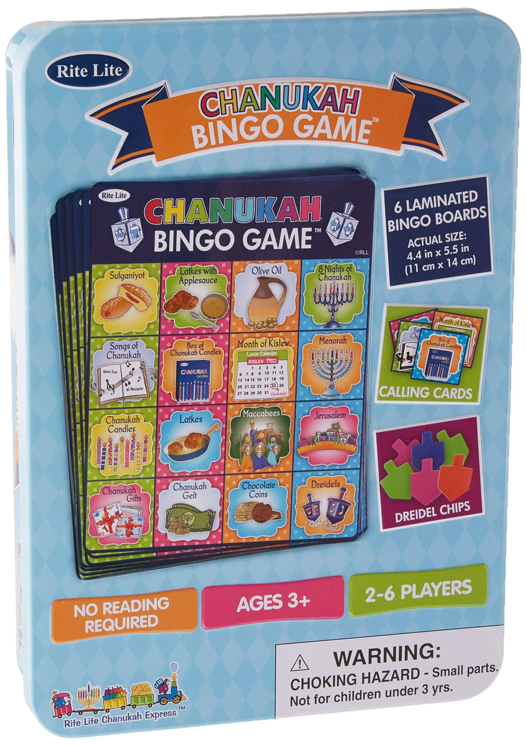 Chanukah Bingo Game by Rite Lite - Fun Hanukkah-Themed Bingo for Kids Ages 3+ - Includes 6 Bingo Boards, Calling Cards & Dreidel Chips - 2-6 Players - No Reading Required - Perfect for Holiday Parties