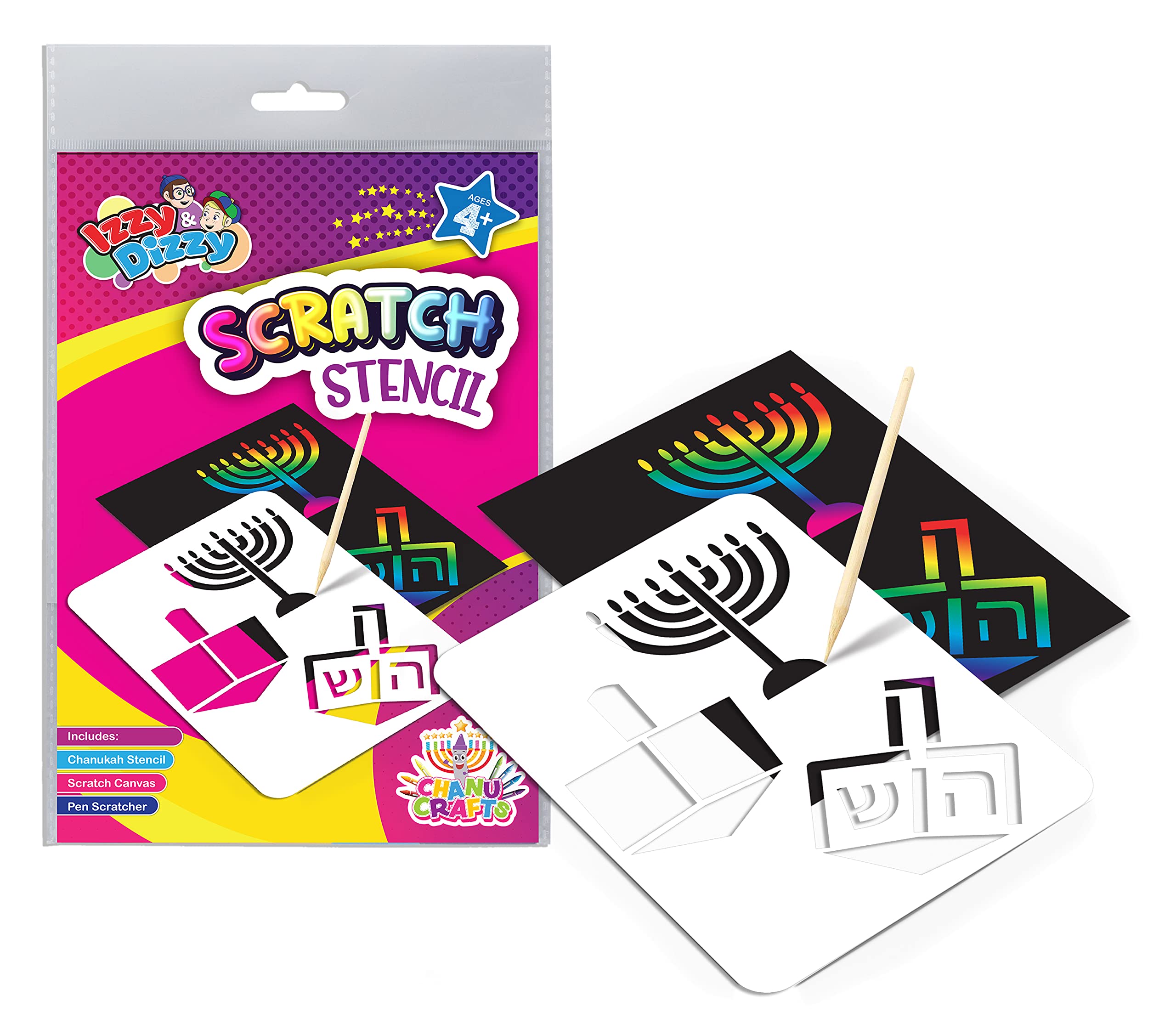 Izzy 'n' Dizzy Hanukkah Scratch Stencil Art Kit Includes Sctatch Stick, Chanukah Arts and Crafts Gifts and Games (Pack of 4) - 8 inch x 6 inch
