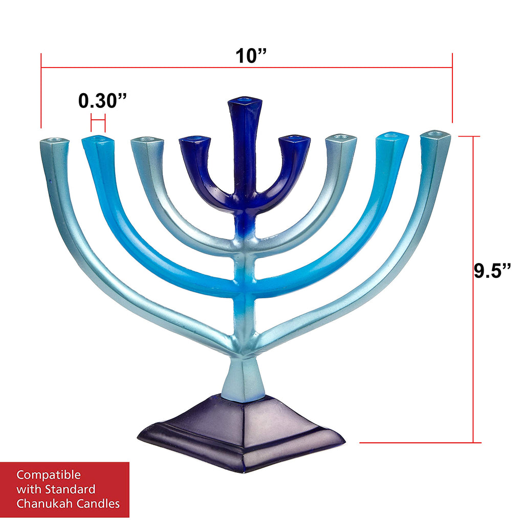 Ner Mitzvah Colorful Aluminum Candle Menorah - Fits All Standard Chanukah Candles - Artistic Blue Gradient Tie Dye Design - 10” High