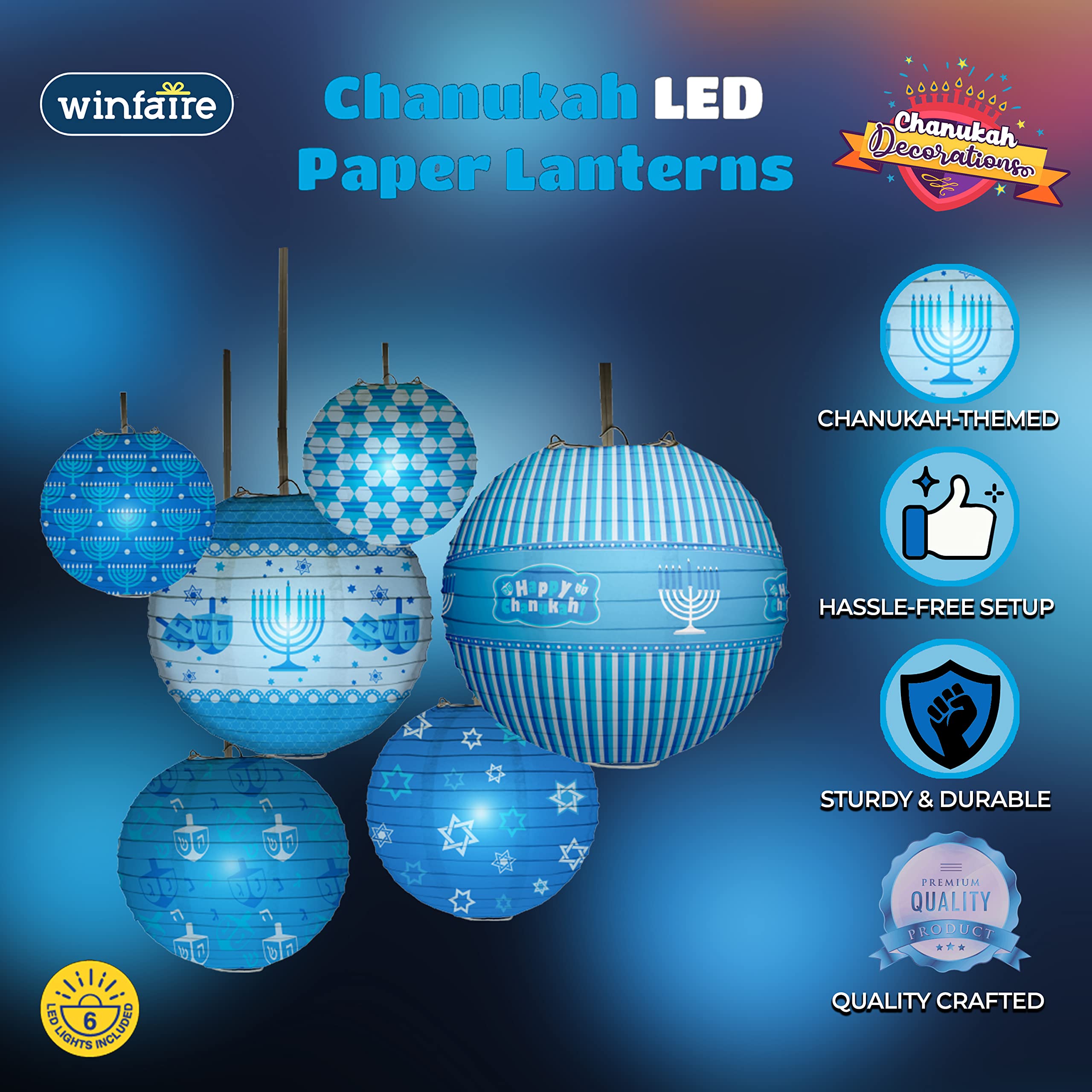 Izzy 'n' Dizzy Happy Hanukkah LED Hanging Lanterns Set - 6 Blue Paper Lanterns with LED Lights - Chanukah Decor