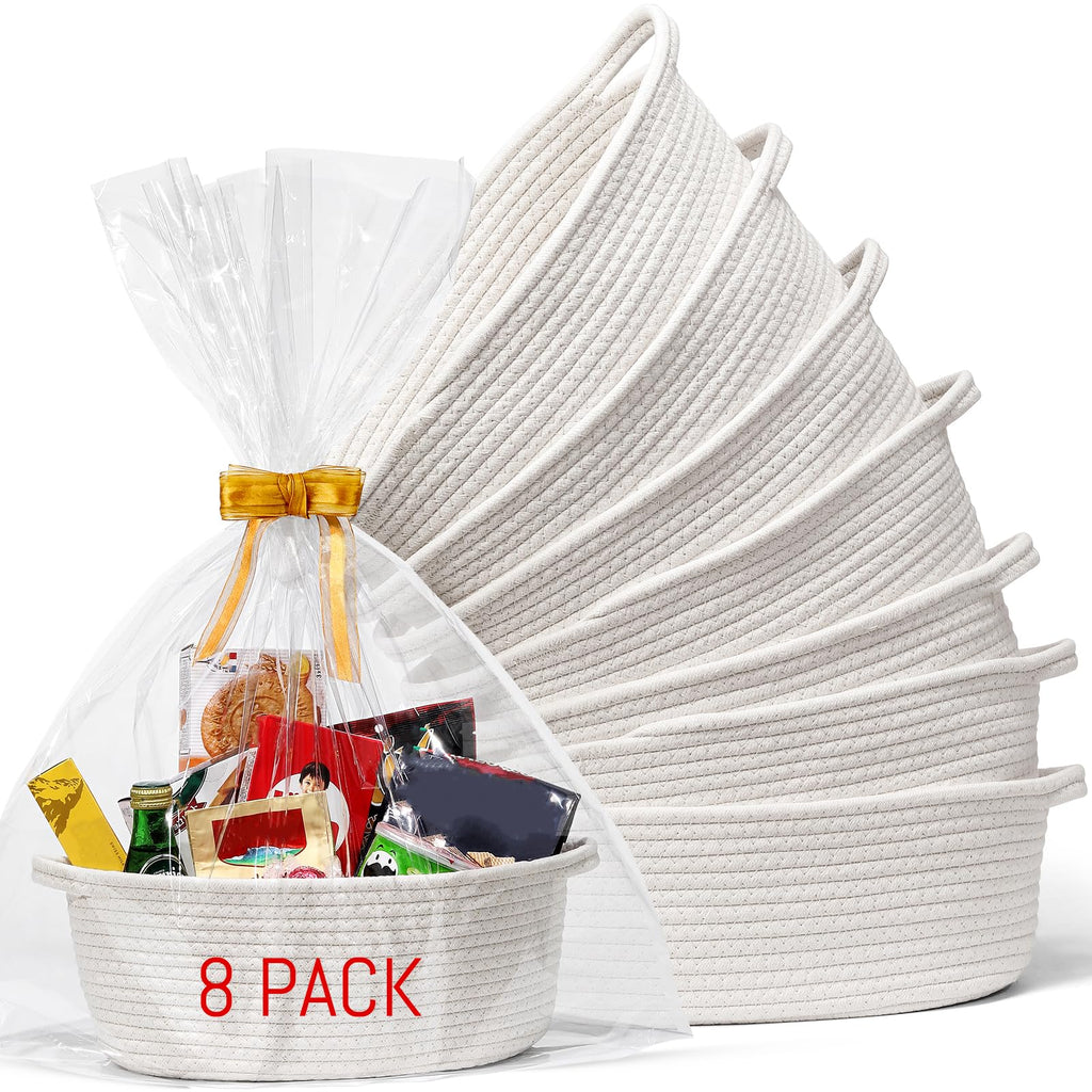 8 Pack Small Woven Basket with Gift Bags and Ribbons, 12"x 8"x 5",  White