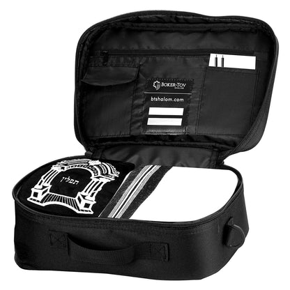 Tallit and Tefillin Bag with Carry Handle and Shoulder Strap - Judaica Tallit Prayer Shawl Travel Tote (Silver Print)