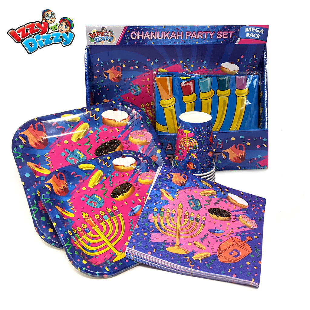 Izzy 'n' Dizzy Hanukkah Paper Goods Set - Plates, Cups, Napkins and Tablecloth, Mega Pack (Serves 8)