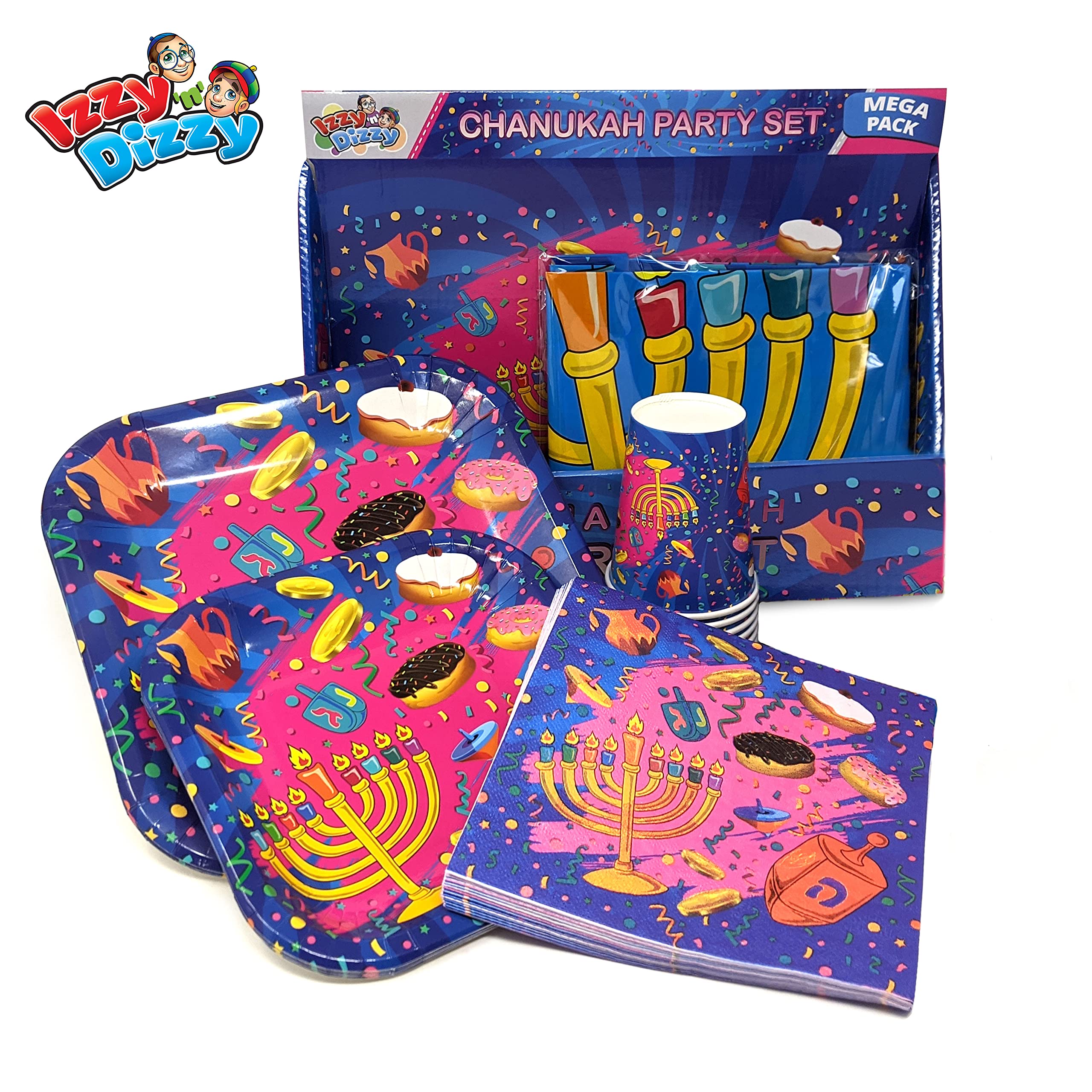 Izzy 'n' Dizzy Hanukkah Paper Goods Set - Plates, Cups, Napkins and Tablecloth, Mega Pack (Serves 8)