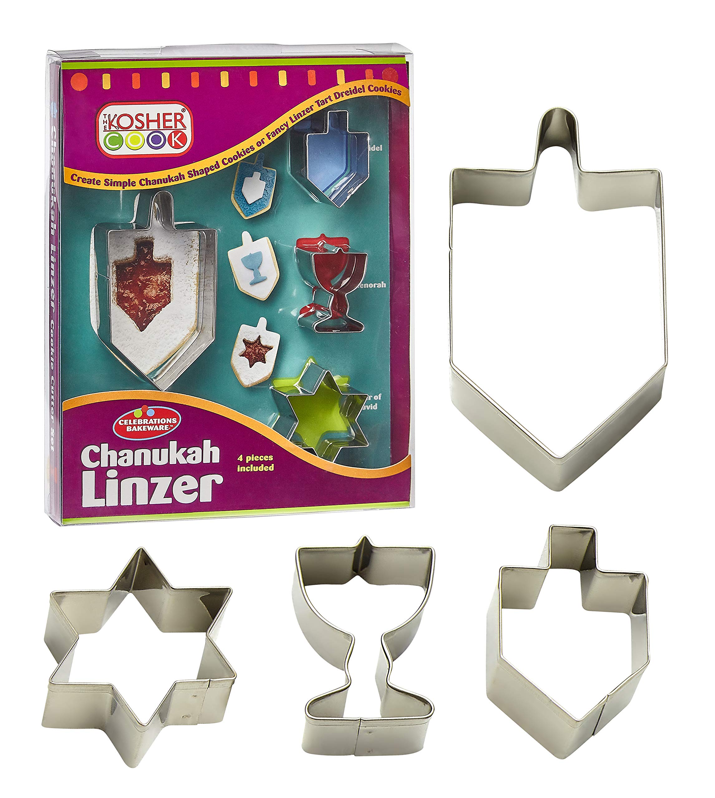 The Kosher Cook Hanukkah Cutters and Stainless Steel Chanukah Cookie Cutters, 4 Piece Set