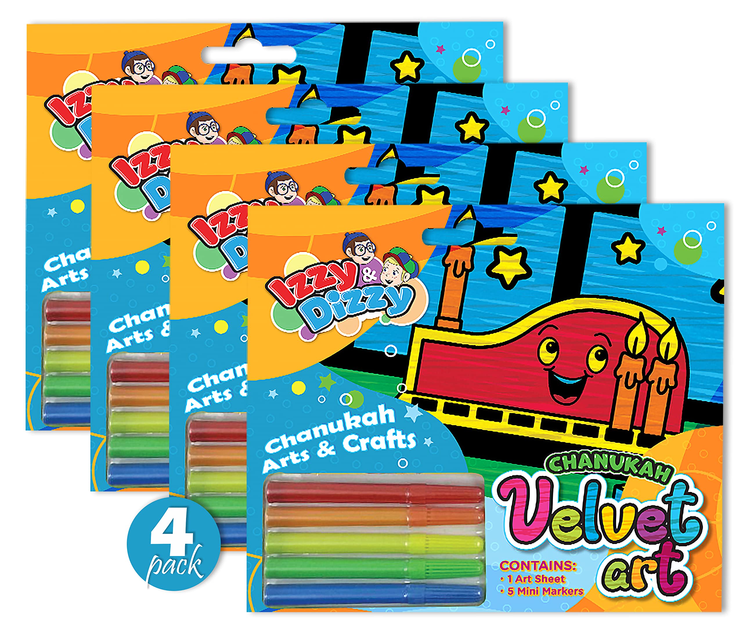 Izzy 'n' Dizzy Chanukah Velvet Art Kit - Includes 5 Markers, 1 Velvet Poster - 7" x 6"- Hanukkah Arts and Crafts - Gifts and Games- 4 Pack
