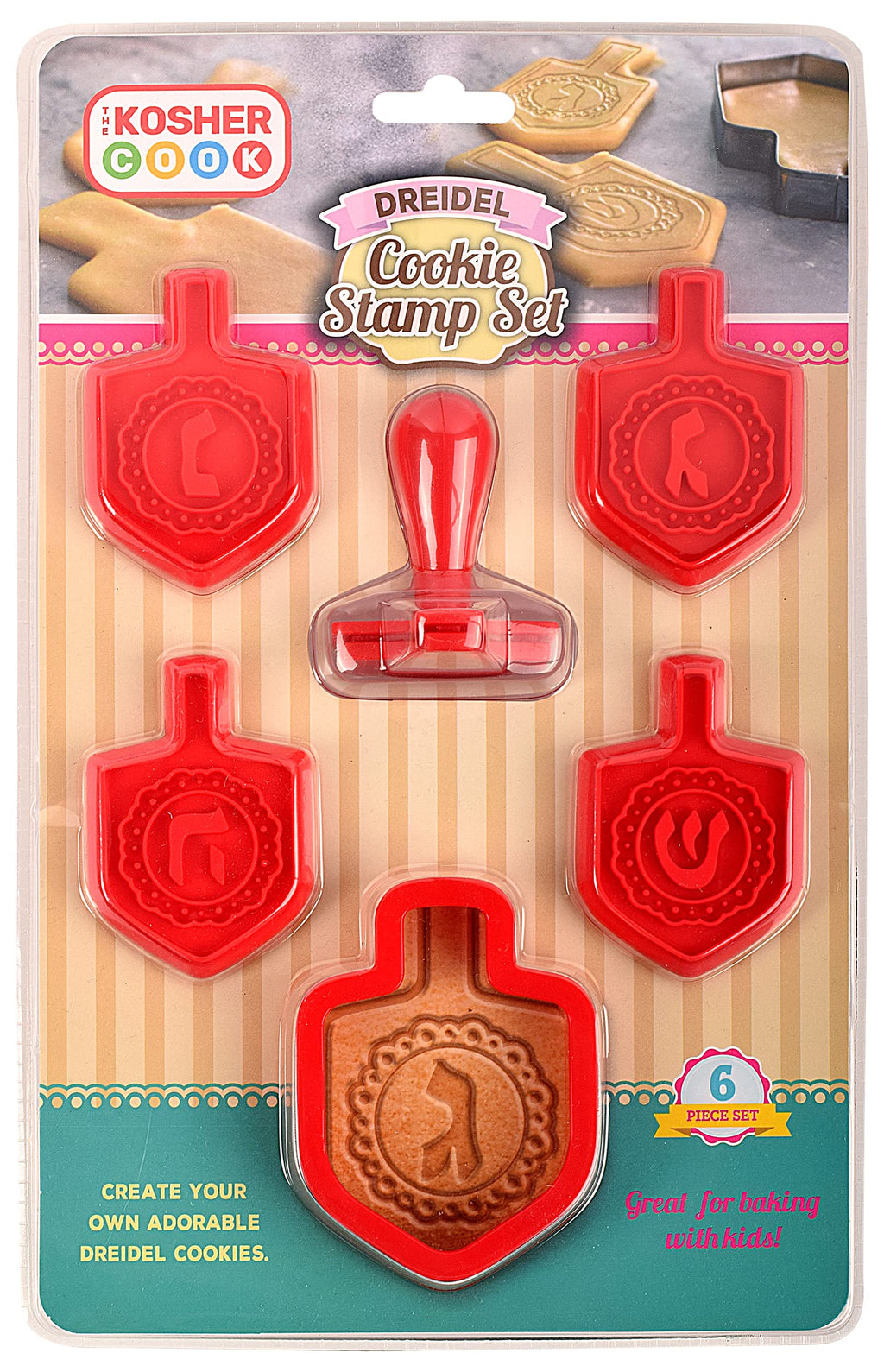 The Kosher Cook Hanukkah Cookie Cutters and Stamp Set, Plastic Chanukah Cookie Cutters and Stamping Kit, 6 Piece Set